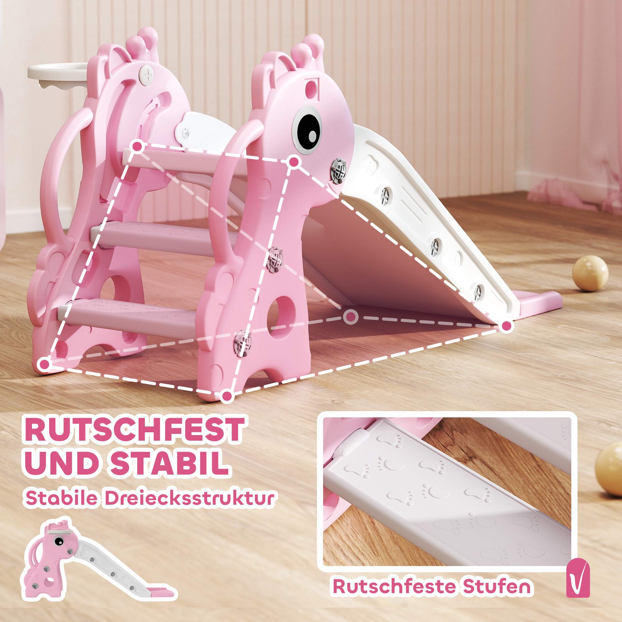 Rutschkana med basketkorg för småbarn, giraffdesign, rosa