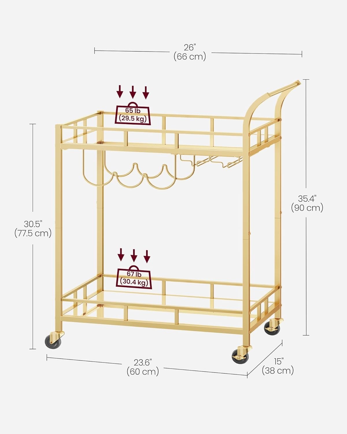 Romslig Gold Bar Cart med vinoppbevaring og låsbare hjul