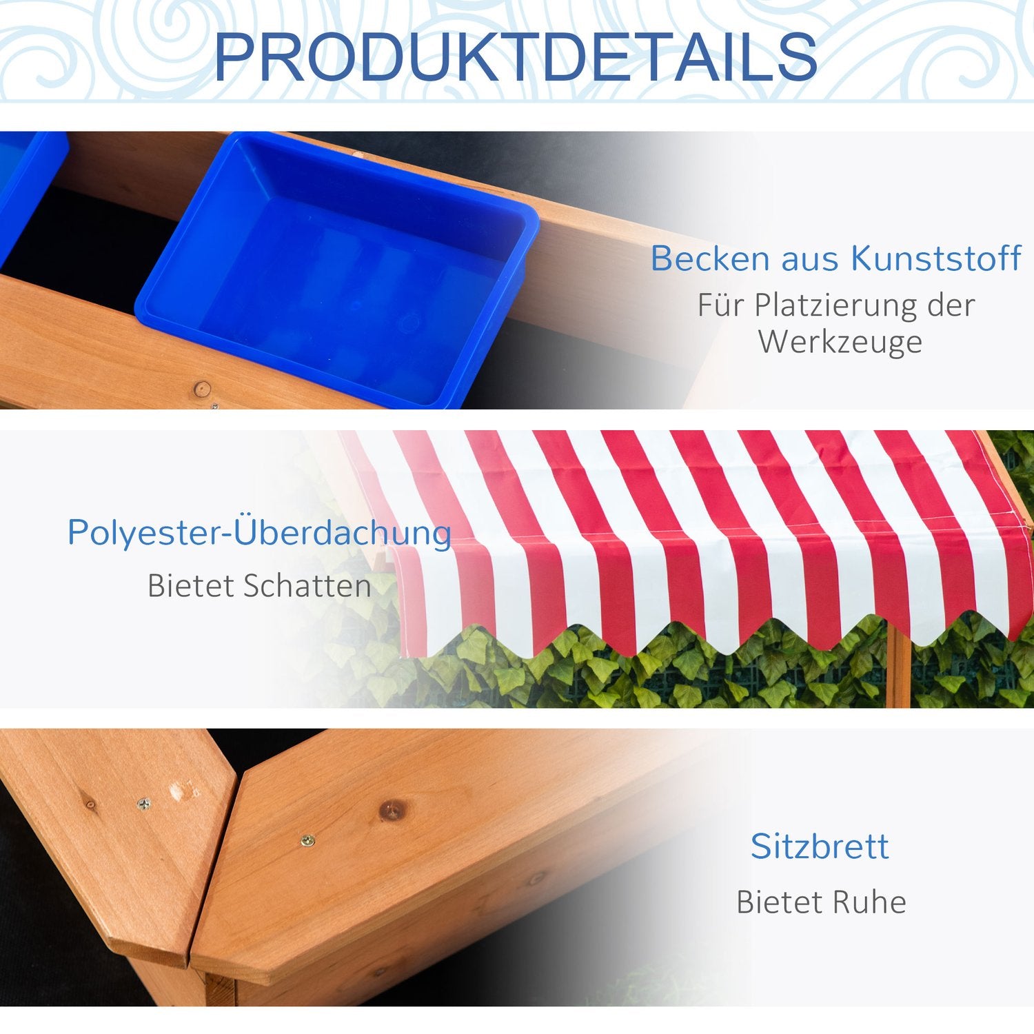 Sandlåda i trä med lock och tak för barn i åldrarna 3-7