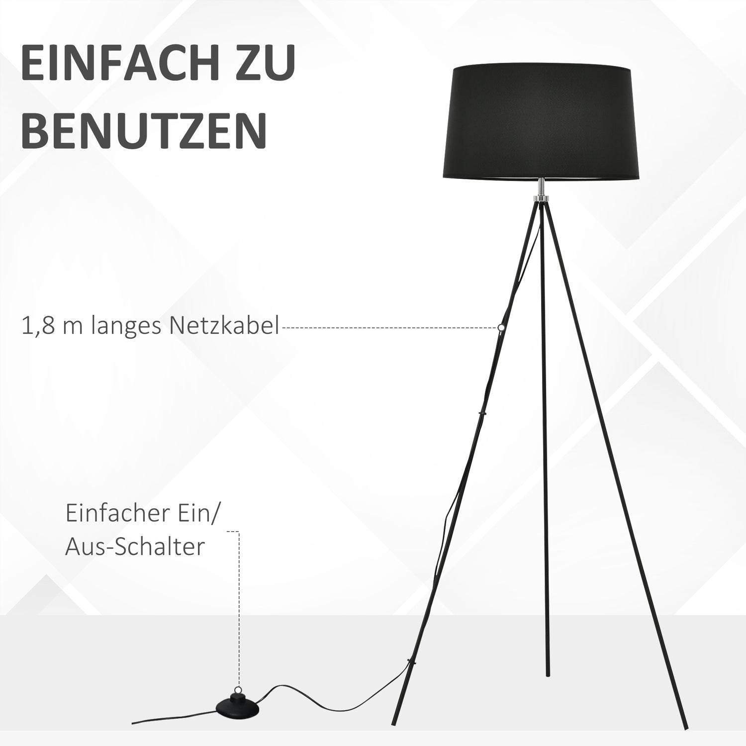 Scandinavian Black Tripod Golvlampa – Tyg & Metall, 73x156cm