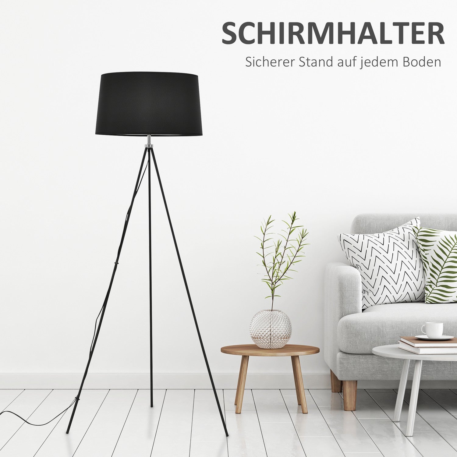 Scandinavian Black Tripod Golvlampa – Tyg & Metall, 73x156cm