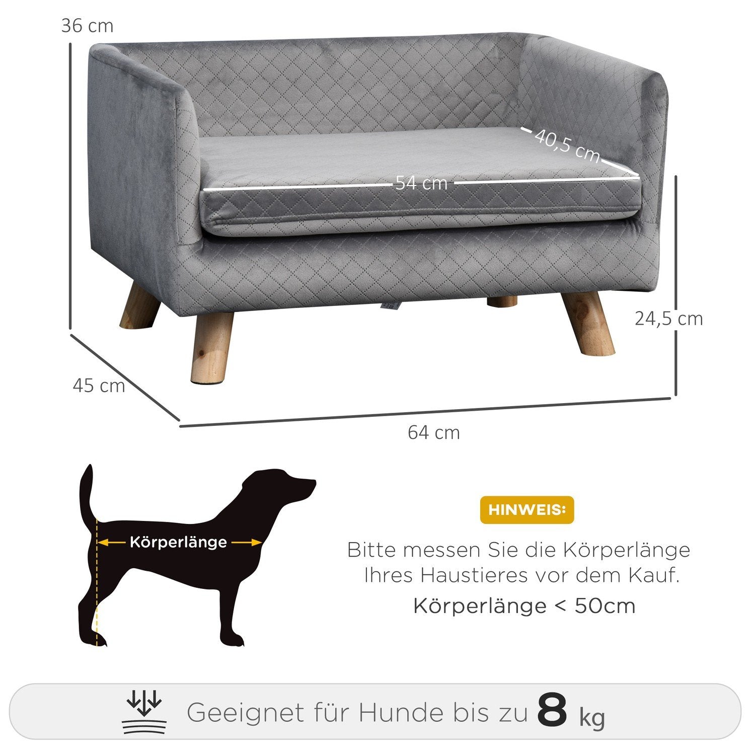 Hundesofa Velvet Touch Kjæledyrsofa for små hunder opptil 8 kg, med treben, grå, 64X45X36Cm