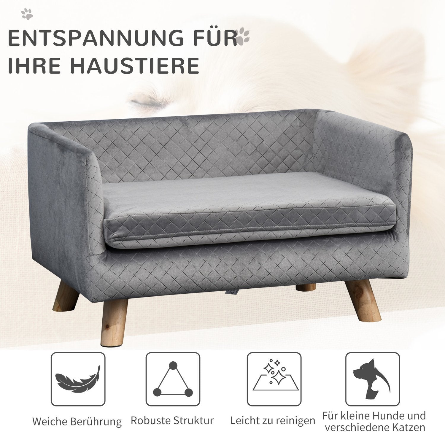 Hundesofa Velvet Touch Kjæledyrsofa for små hunder opptil 8 kg, med treben, grå, 64X45X36Cm