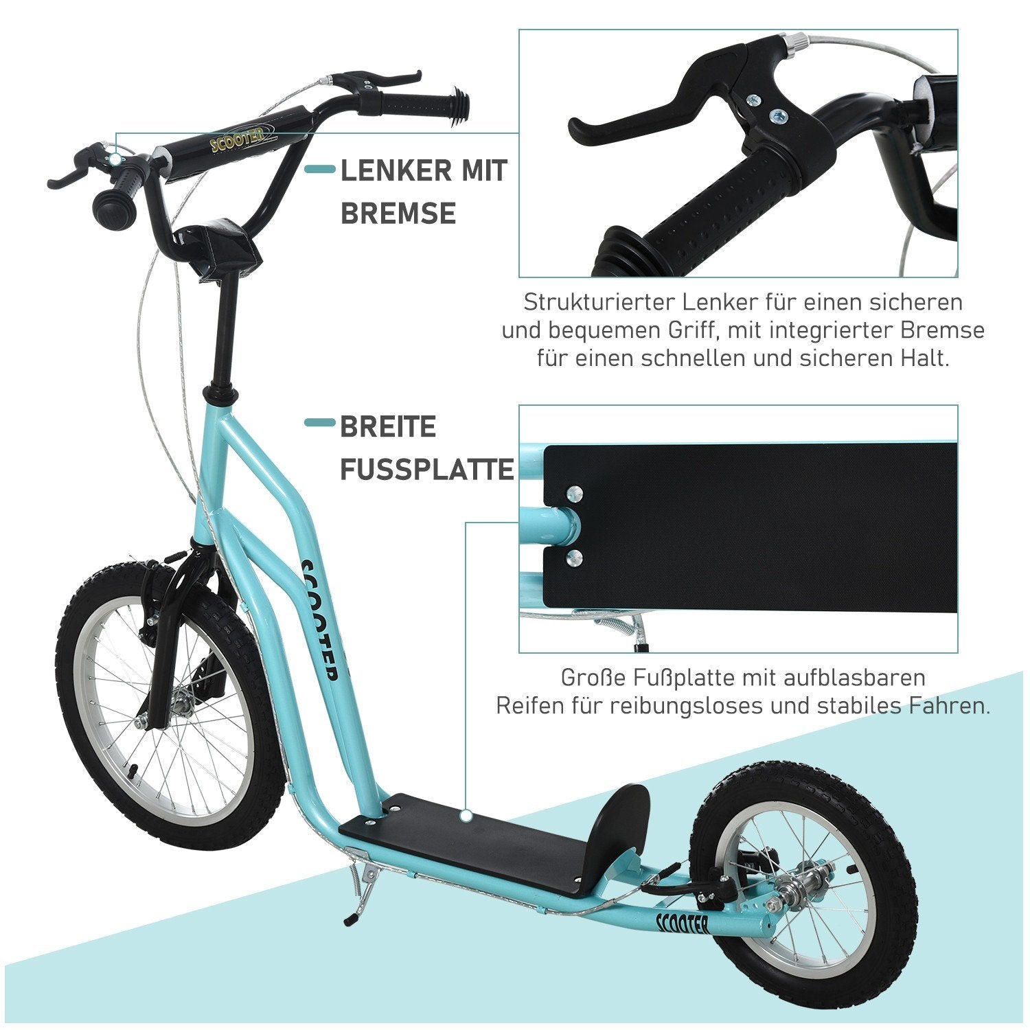 Scooter Barnescooter Fra 5 år, Kickboard med luftdekk 16/12 tommer, blå, 135 X 58 X 88-94 Cm