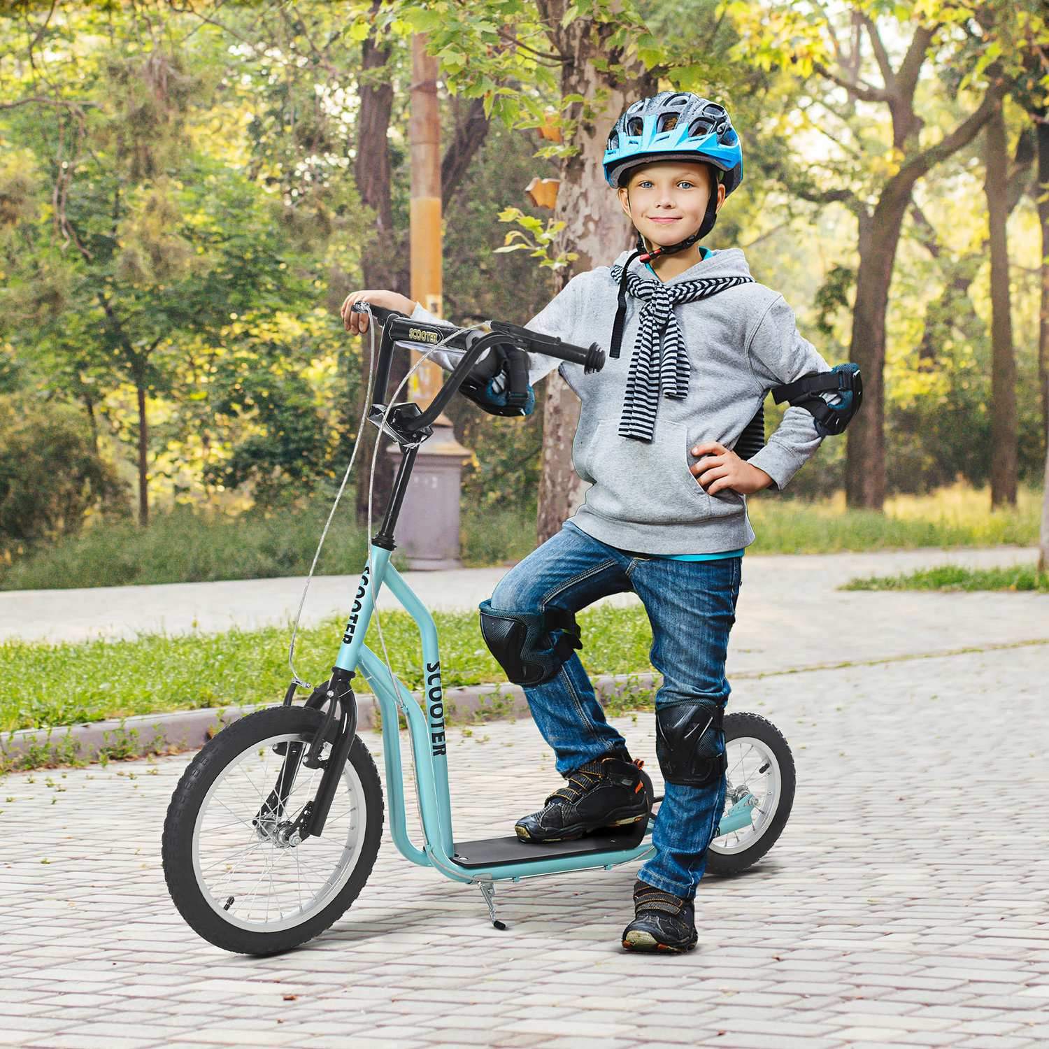 Scooter Barnescooter Fra 5 år, Kickboard med luftdekk 16/12 tommer, blå, 135 X 58 X 88-94 Cm