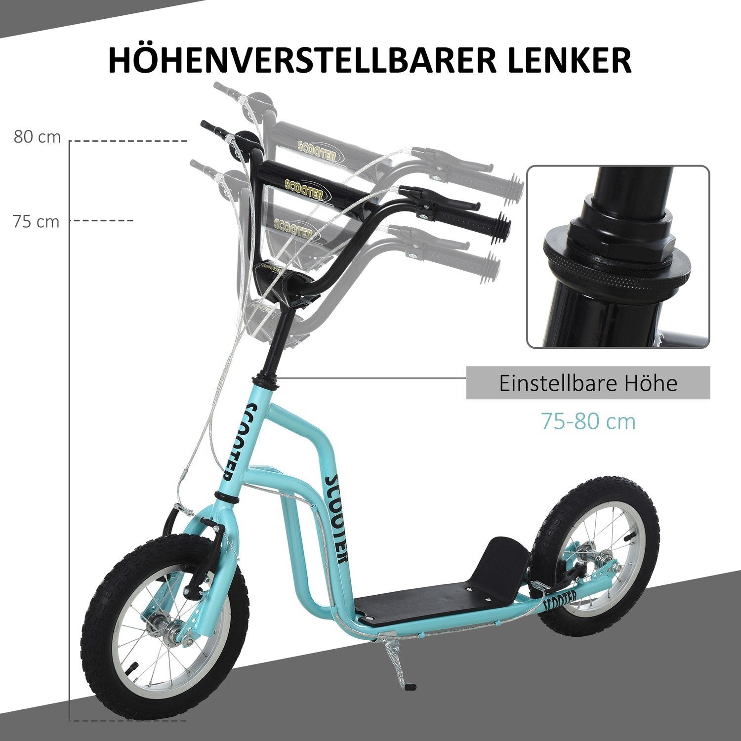 Scooter Kick Scooter Barnskoter City Scooter Kickboard Med Pneumatiska Däck 12 Tum, Från 5 År, Blå, 120X58X75-80Cm