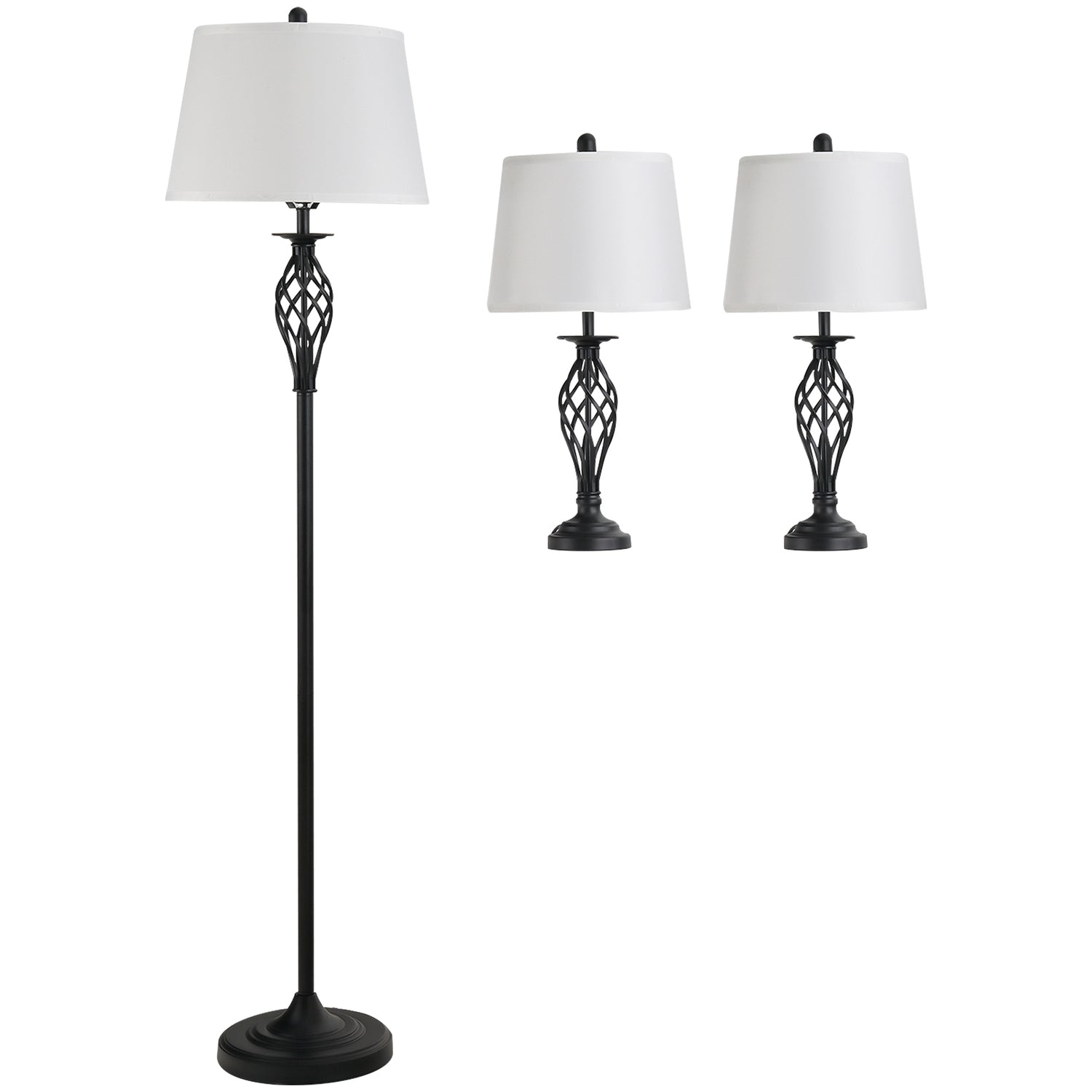 Vintage svart & vit lampsats – 2 bord, 1 golvlampa