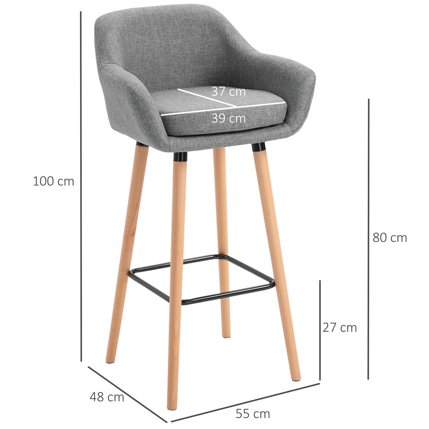 Sett med 2 barkrakker, lin barkrakk med setepute, kjøkkenkrakk, bistrokrakk med fotstøtte, benkkrakk, grå, 55 X 48 X 100 Cm