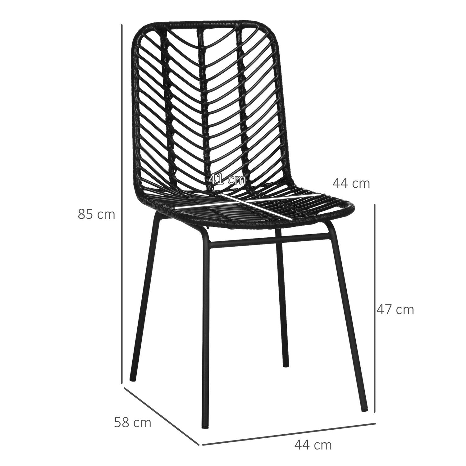 Set Med 2 Matsalsstolar, Köksstolar Med Ryggstöd I Råttlook, Stål, Svart, 44X58X85Cm