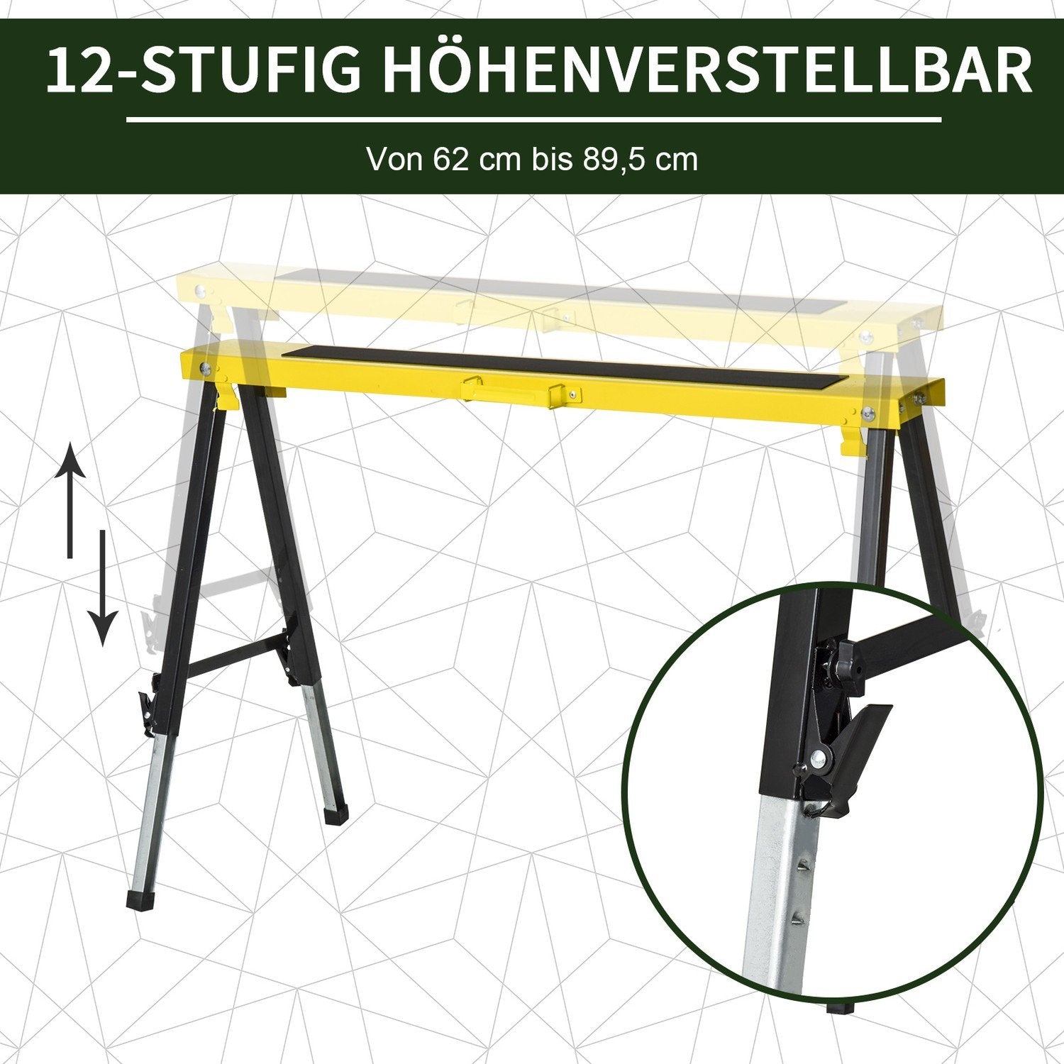 Sett med 2 Sawhorse Arbeidsstativ Sammenleggbart sklisikkert stål Gul Svart 100 X 49 X 62-90 Cm Lastekapasitet 100 Kg