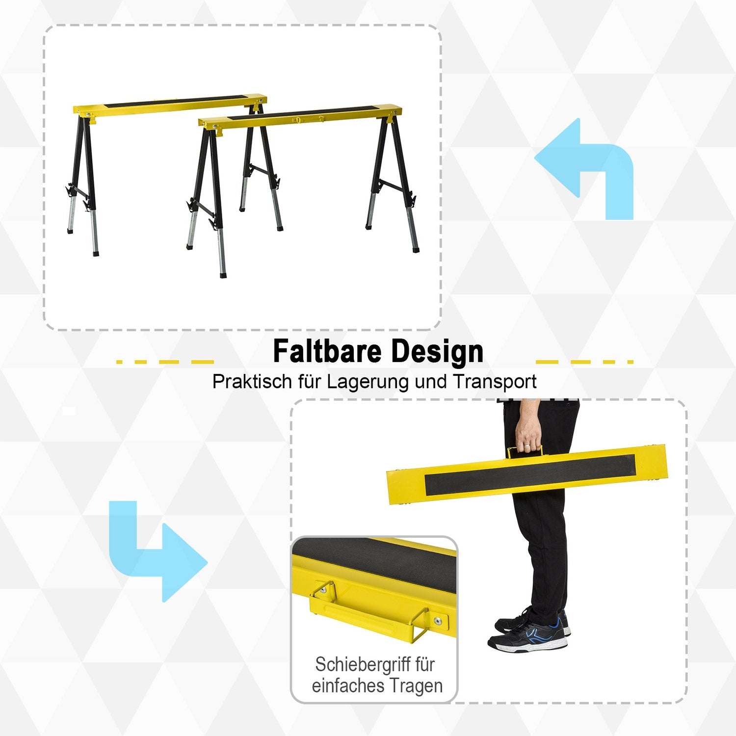 Sett med 2 Sawhorse Arbeidsstativ Sammenleggbart sklisikkert stål Gul Svart 100 X 49 X 62-90 Cm Lastekapasitet 100 Kg