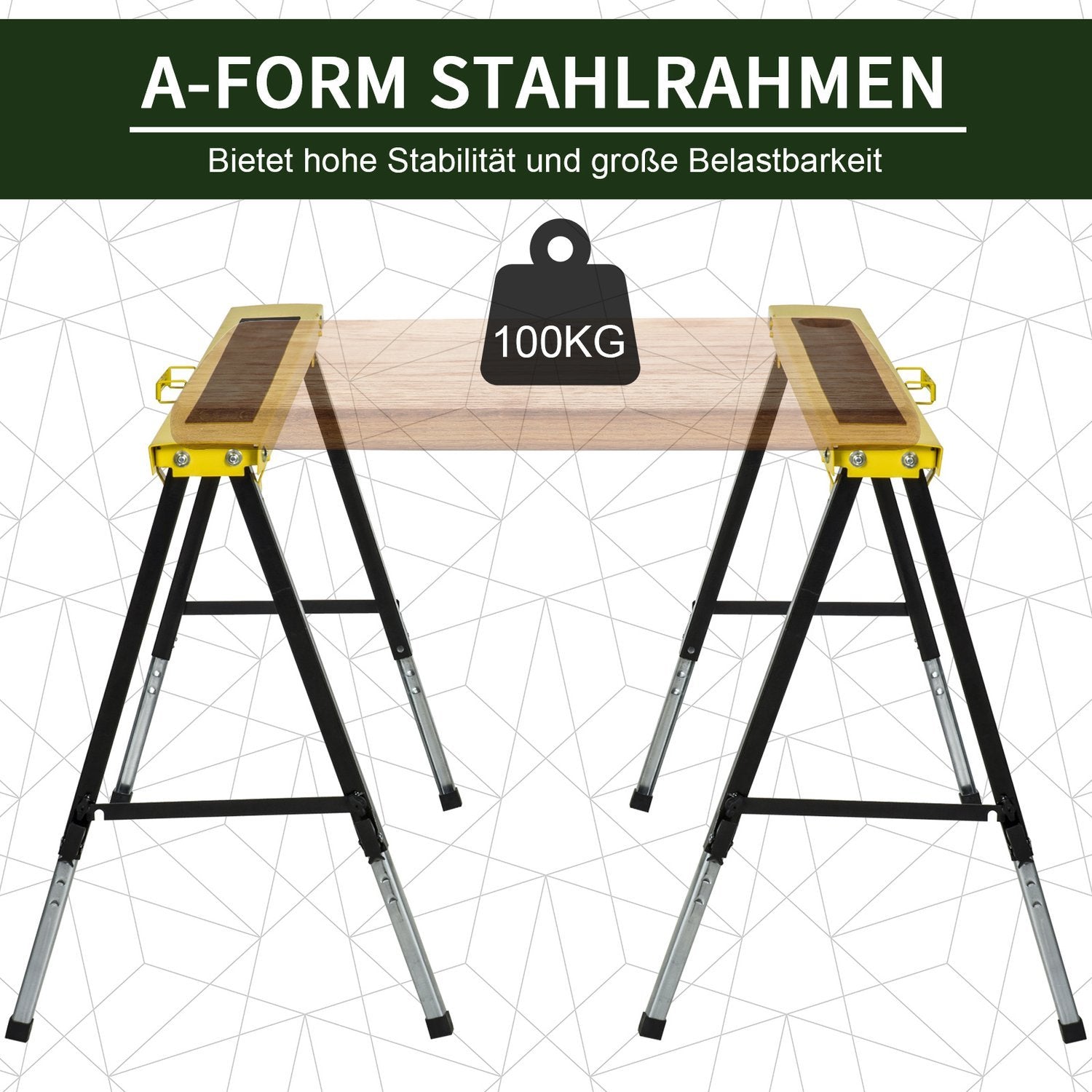 Sett med 2 Sawhorse Arbeidsstativ Sammenleggbart sklisikkert stål Gul Svart 100 X 49 X 62-90 Cm Lastekapasitet 100 Kg