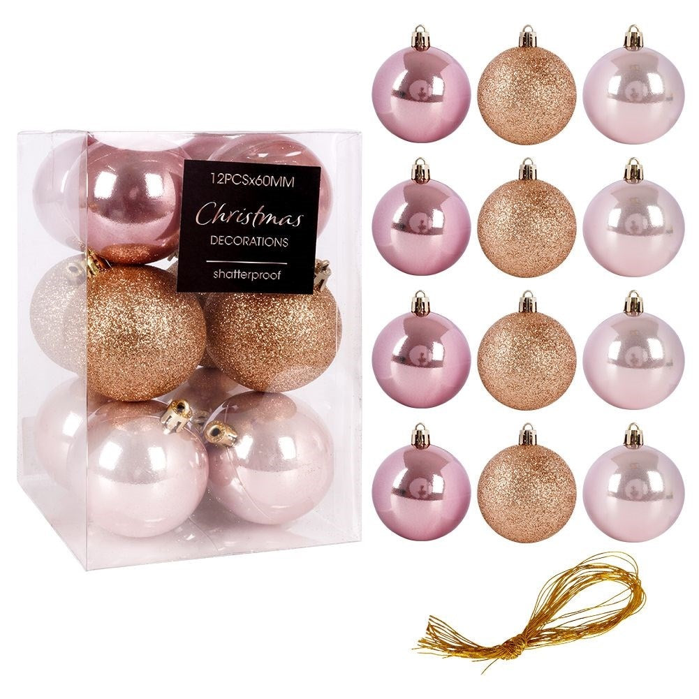 Set med 12 okrossbara rosa julgranskulor - glitter & matt