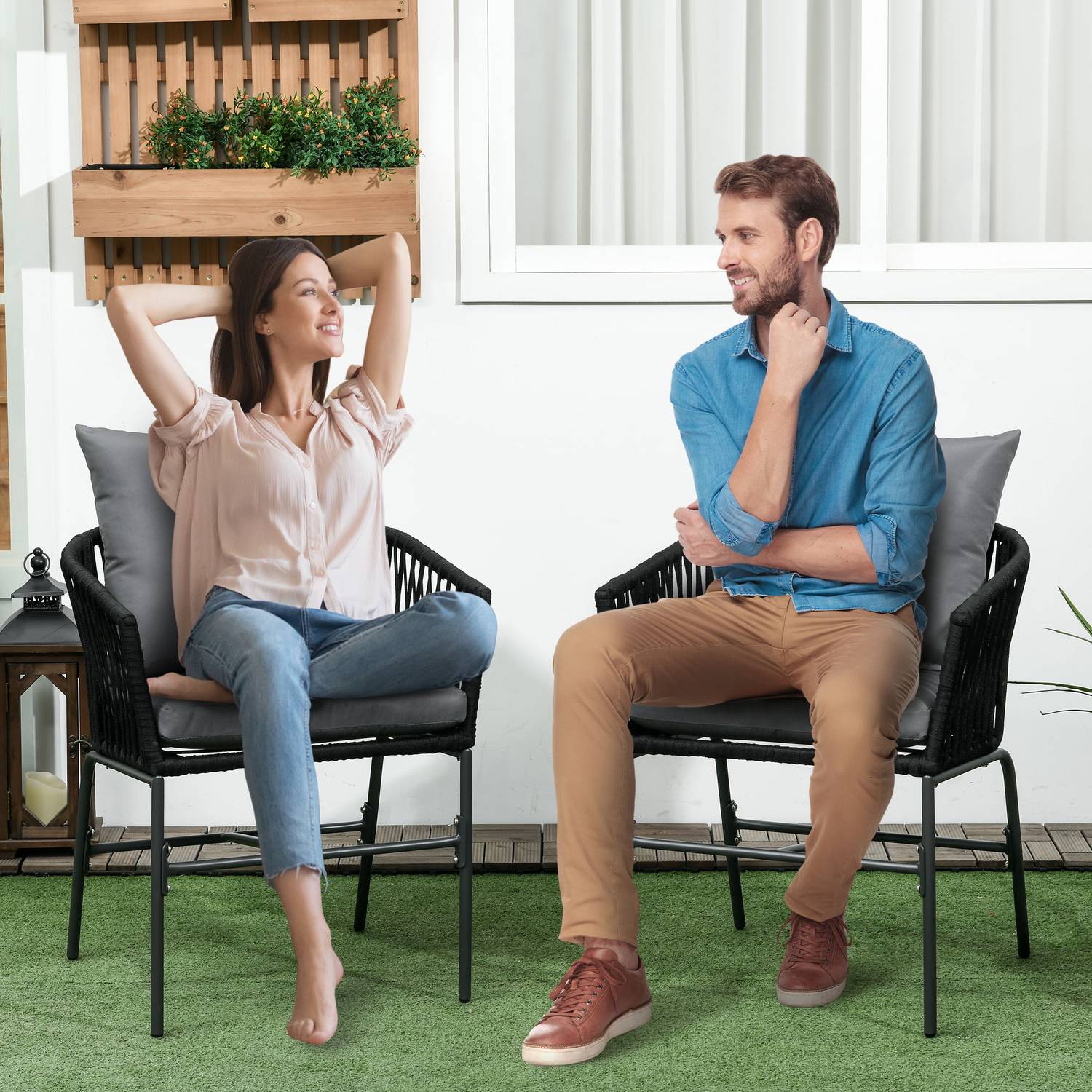 Set med 2 Boho trädgårdsstolar med kuddar, metallram