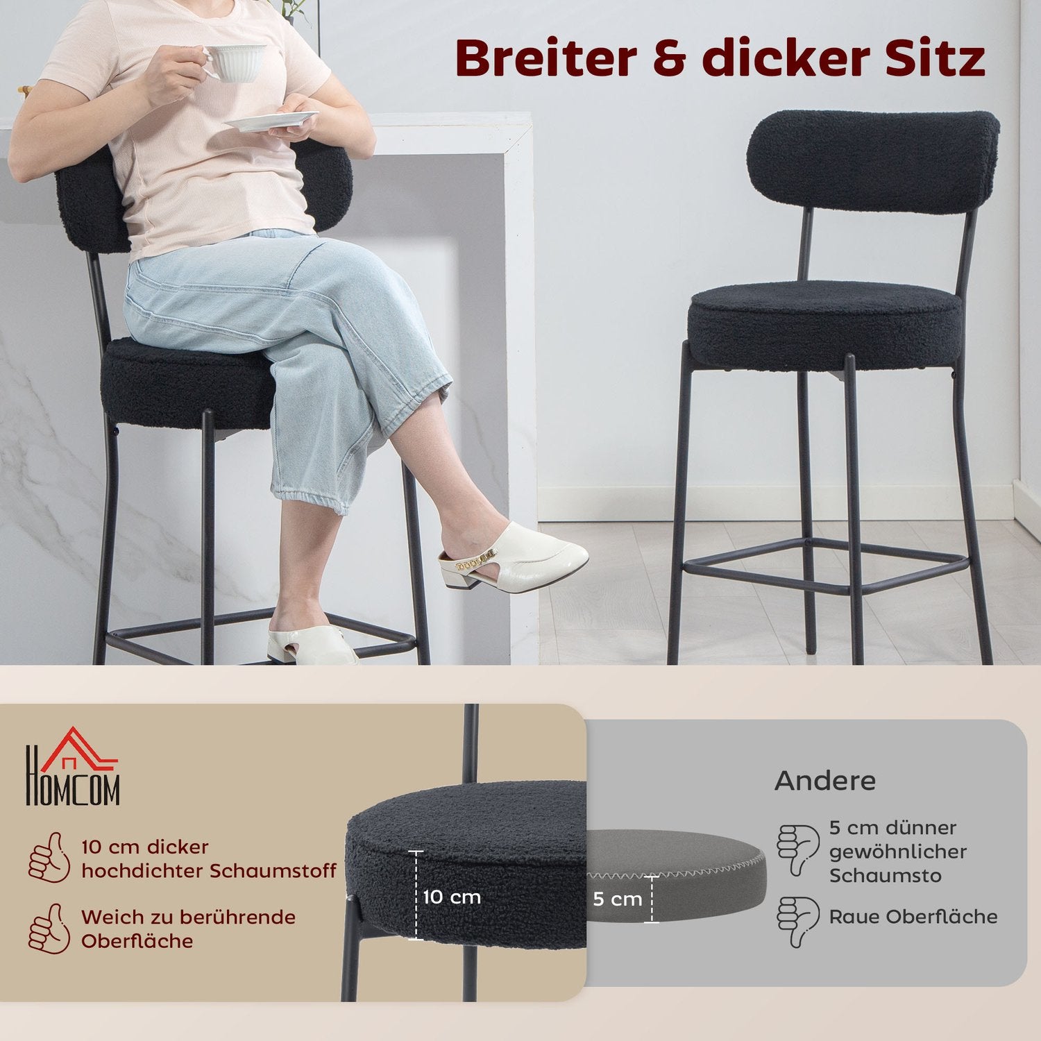 Set med 2 barstolar, stoppad sits, fleece, svart