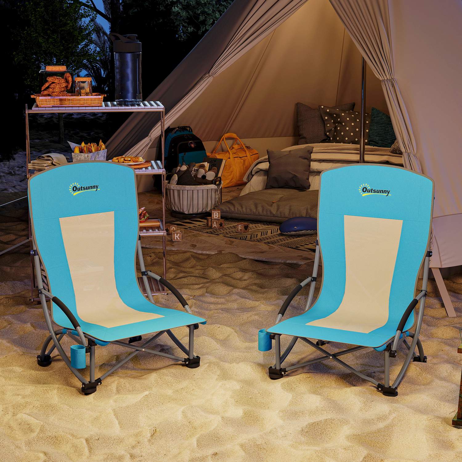 Set med 2 hopfällbara campingstolar med mugghållare och nätryggstöd upp till 120 kg, blå
