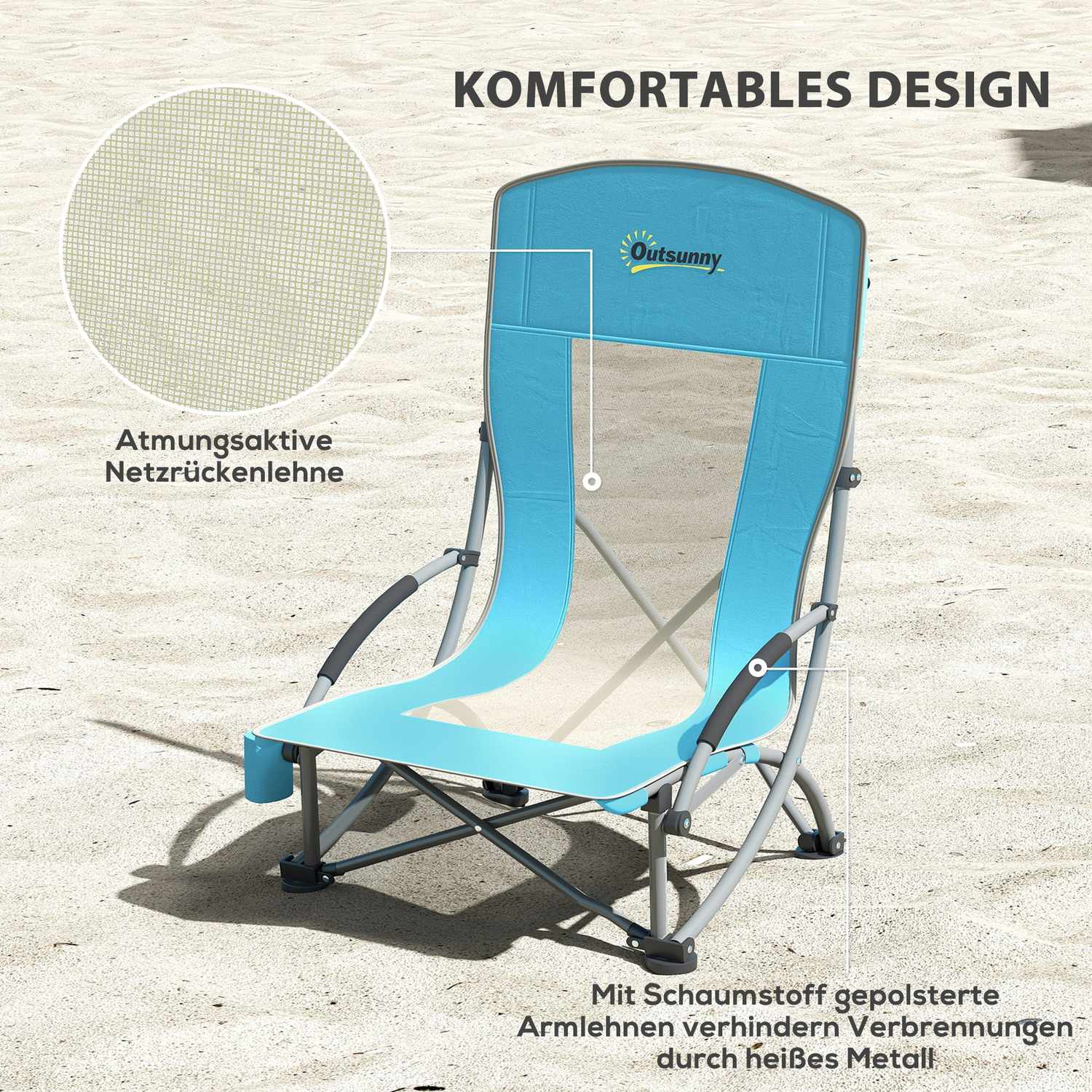 Set med 2 hopfällbara campingstolar med mugghållare och nätryggstöd upp till 120 kg, blå