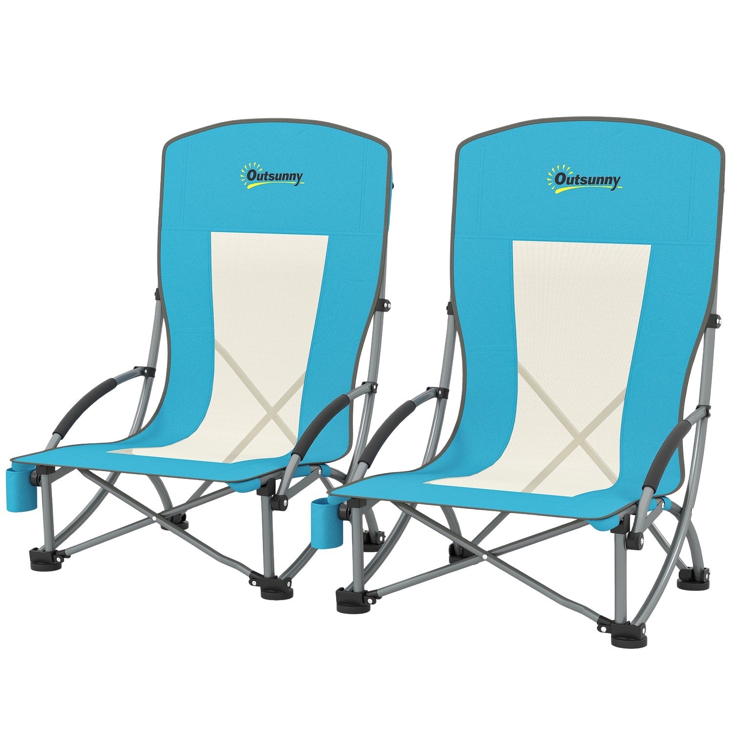 Set med 2 hopfällbara campingstolar med mugghållare och nätryggstöd upp till 120 kg, blå
