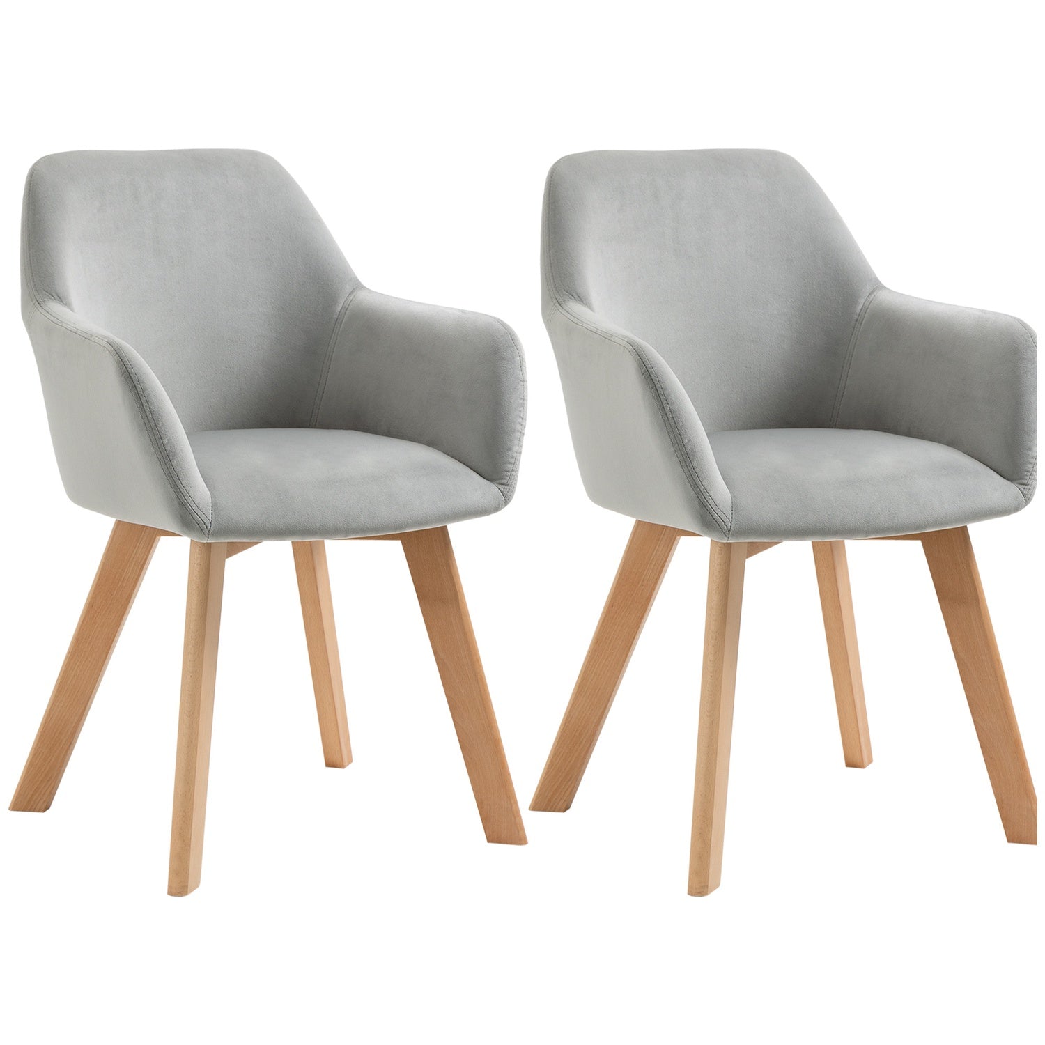 Set med 2 matstolar i grå sammet med armstöd