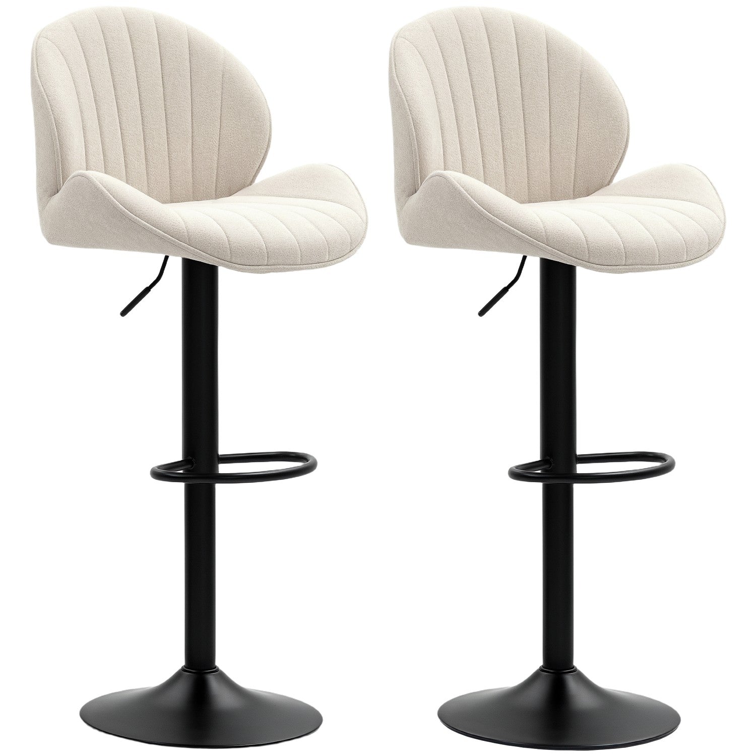 Set med 2 skalformade barstolar med justerbart ryggstöd och fotstöd, stålram, beige