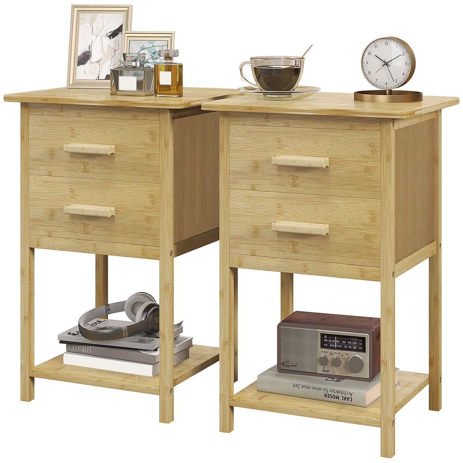 Set med 2 sängbord med låda och hylla, naturlig finish