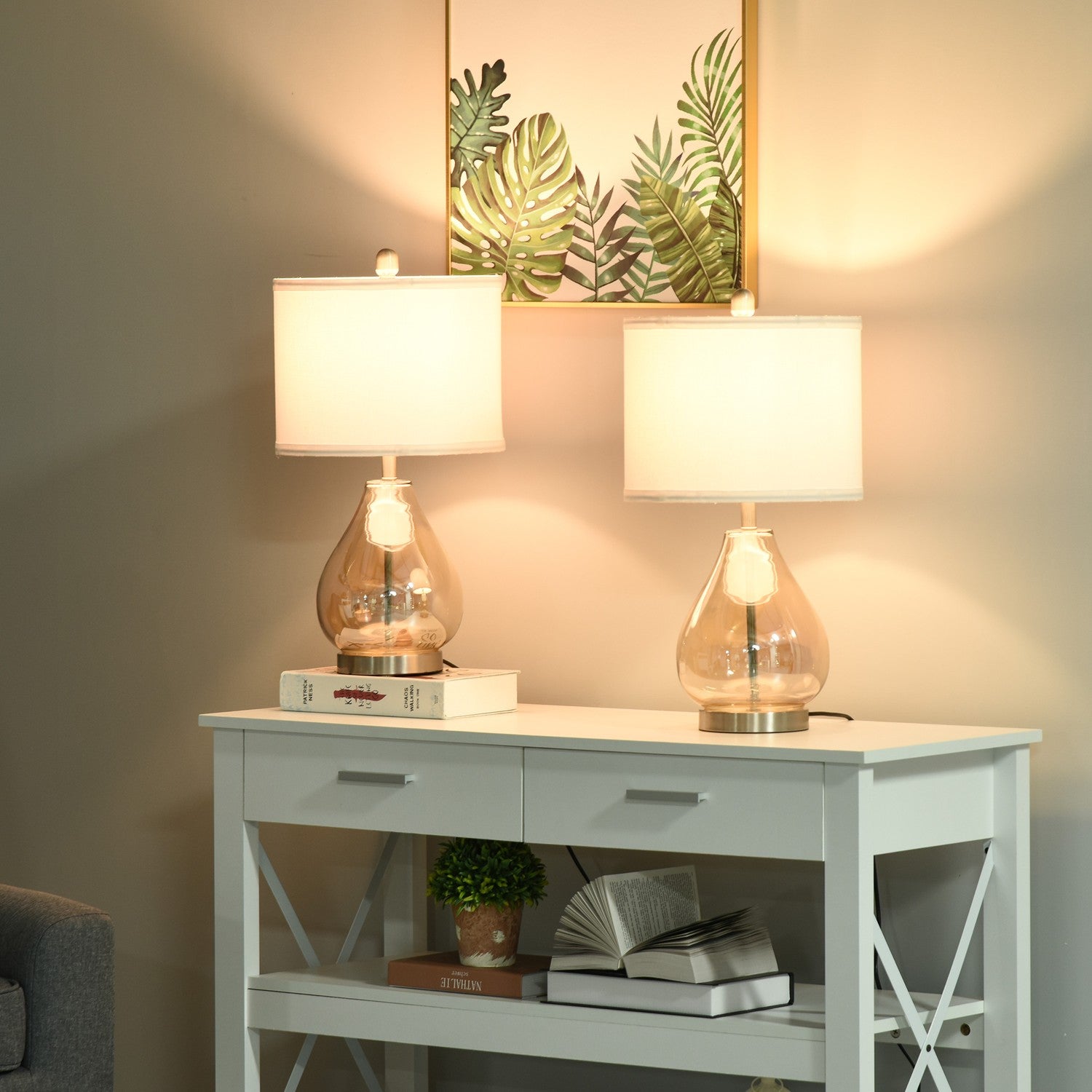 Set med 2 sängbordslampor - glas, linne, E27-sockel