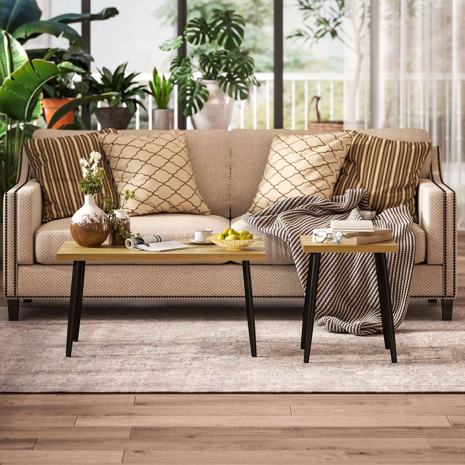 Set med 2 soffbord med stålstomme – Naturlig träfinish