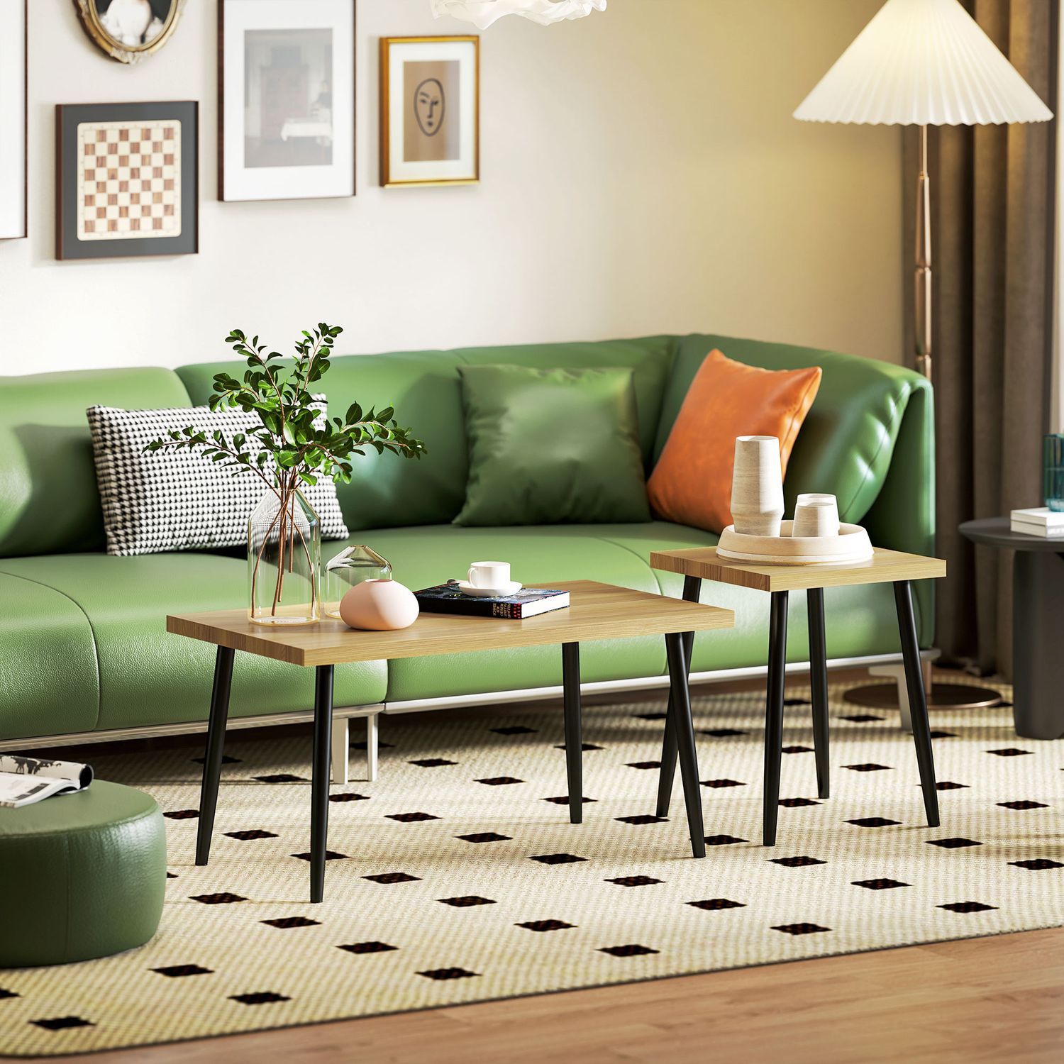 Set med 2 soffbord med stålstomme – Naturlig träfinish