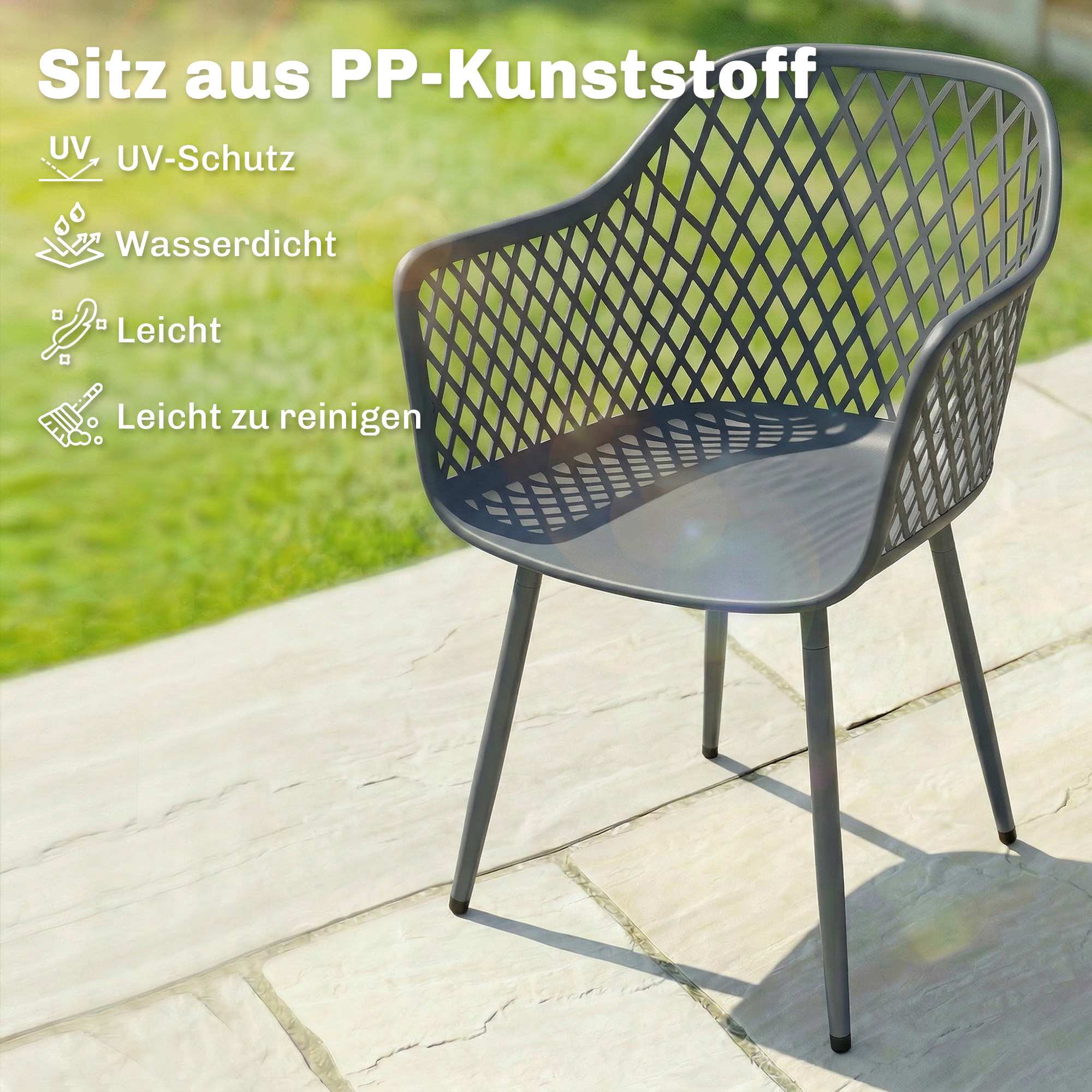Set med 4 UV-beständiga trädgårdsstolar i mörkgrå plast