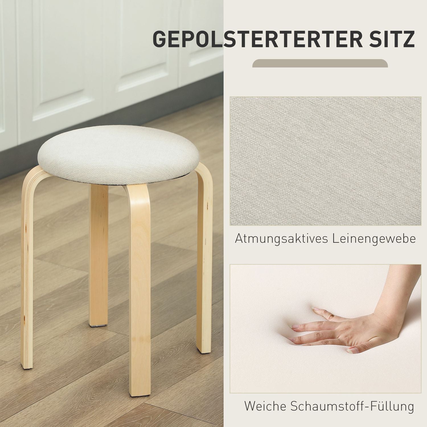 Set med 4 stapelbara stoppade pallar, lackerad yta, träben, krämvit