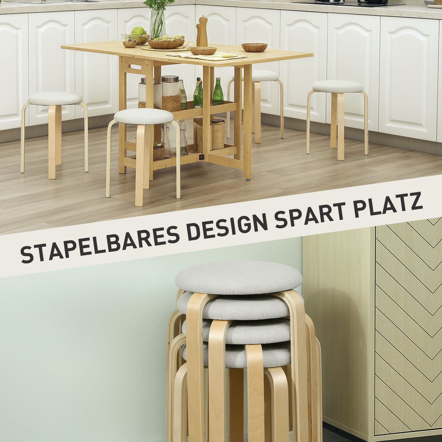 Set med 4 stapelbara stoppade pallar, lackerad yta, träben, krämvit