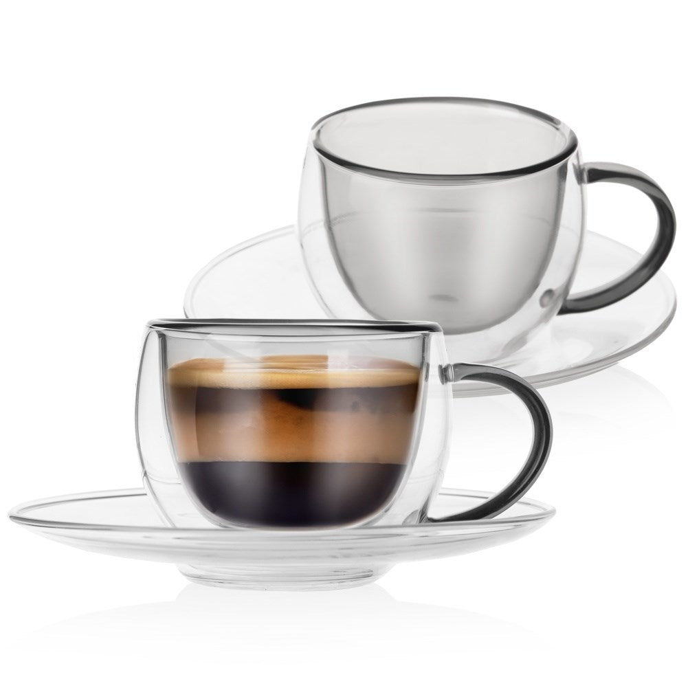 Set med två dubbelväggiga koppar och fat, 90 ml för espresso