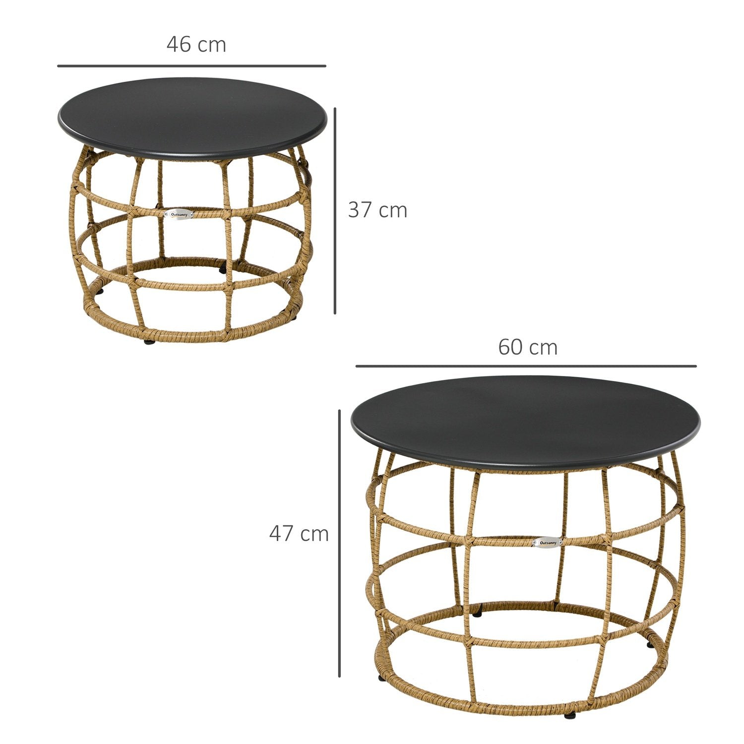 Sidobord, Soffbord, Soffbord, Set Om 2, Handvävd Med Bordsskiva För Trädgård, Balkong, Ø46+Ø60 Cm, Sand