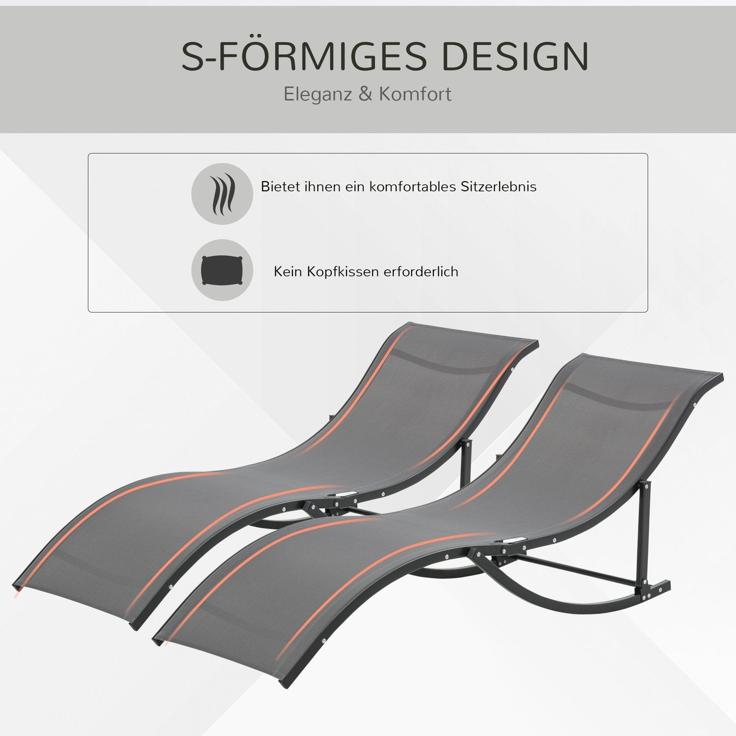 Sett med 2 fluktstoler, hagestoler, stoffstoler, ergonomisk aluminium tekstlinje Mørkegrå 165 X 61 X 63 Cm