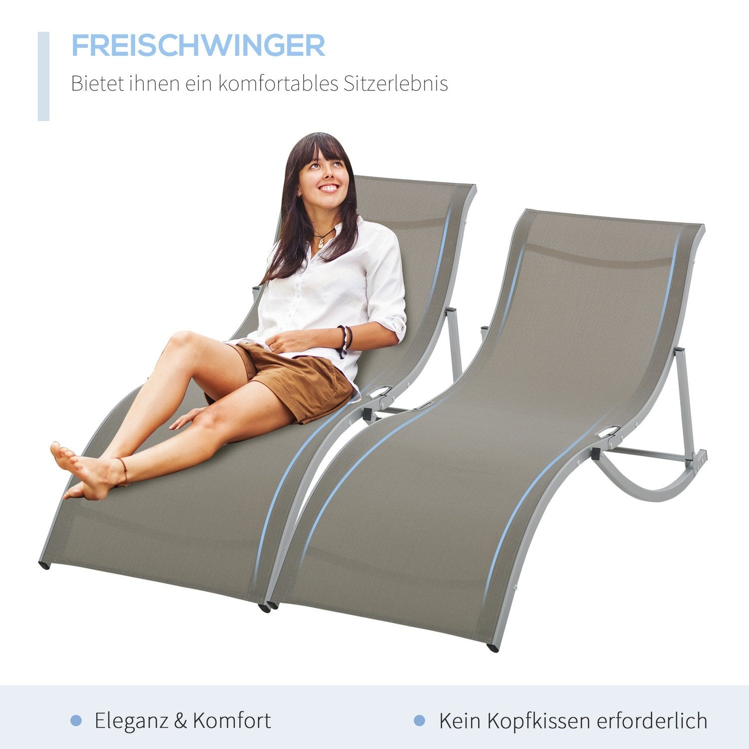 Sett med 2 fluktstoler Hagestoler Stoff Fluktstol Relax fluktstol Ergonomisk aluminium Tekstlinje Lys grå 165 X 61 X 63 Cm