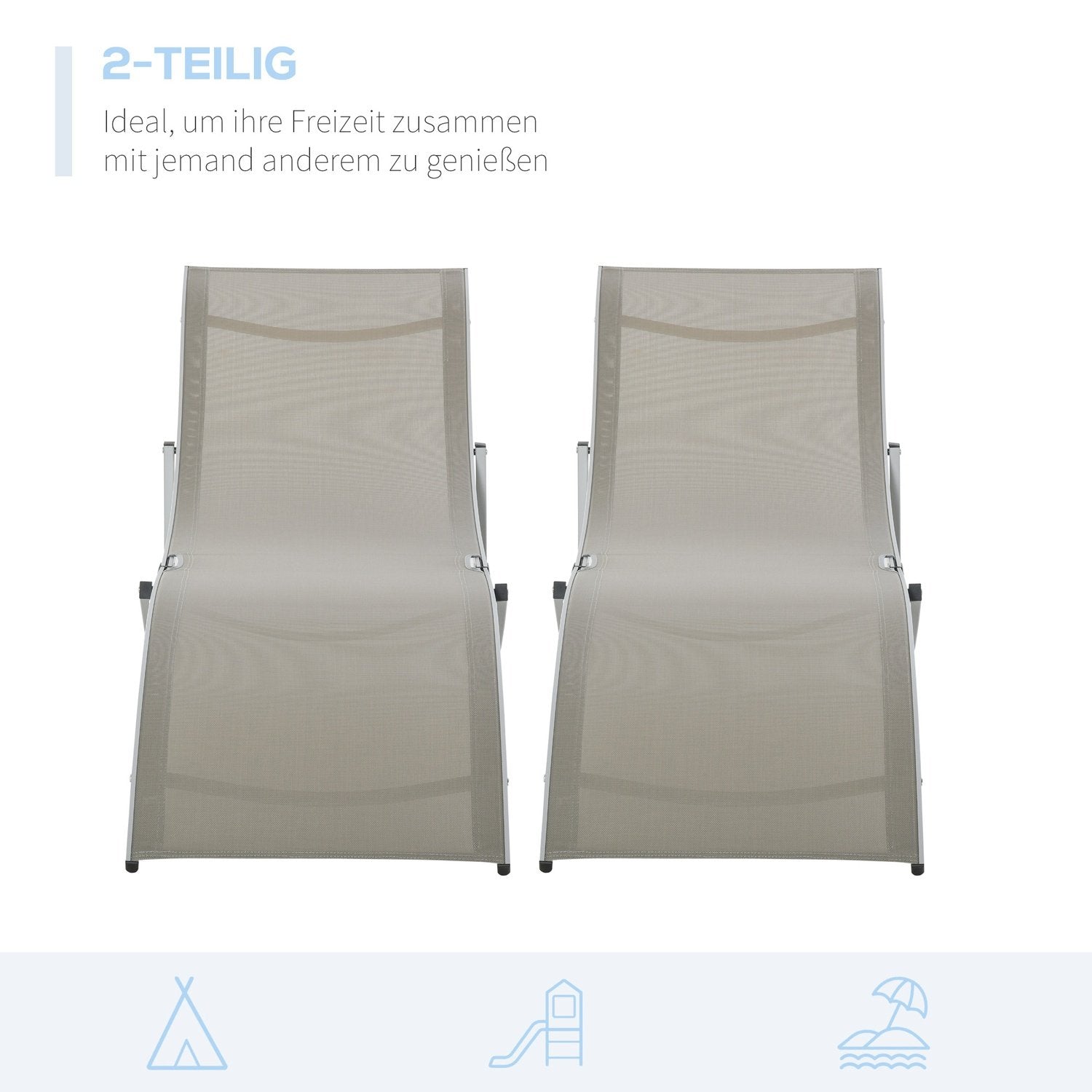 Sett med 2 fluktstoler Hagestoler Stoff Fluktstol Relax fluktstol Ergonomisk aluminium Tekstlinje Lys grå 165 X 61 X 63 Cm