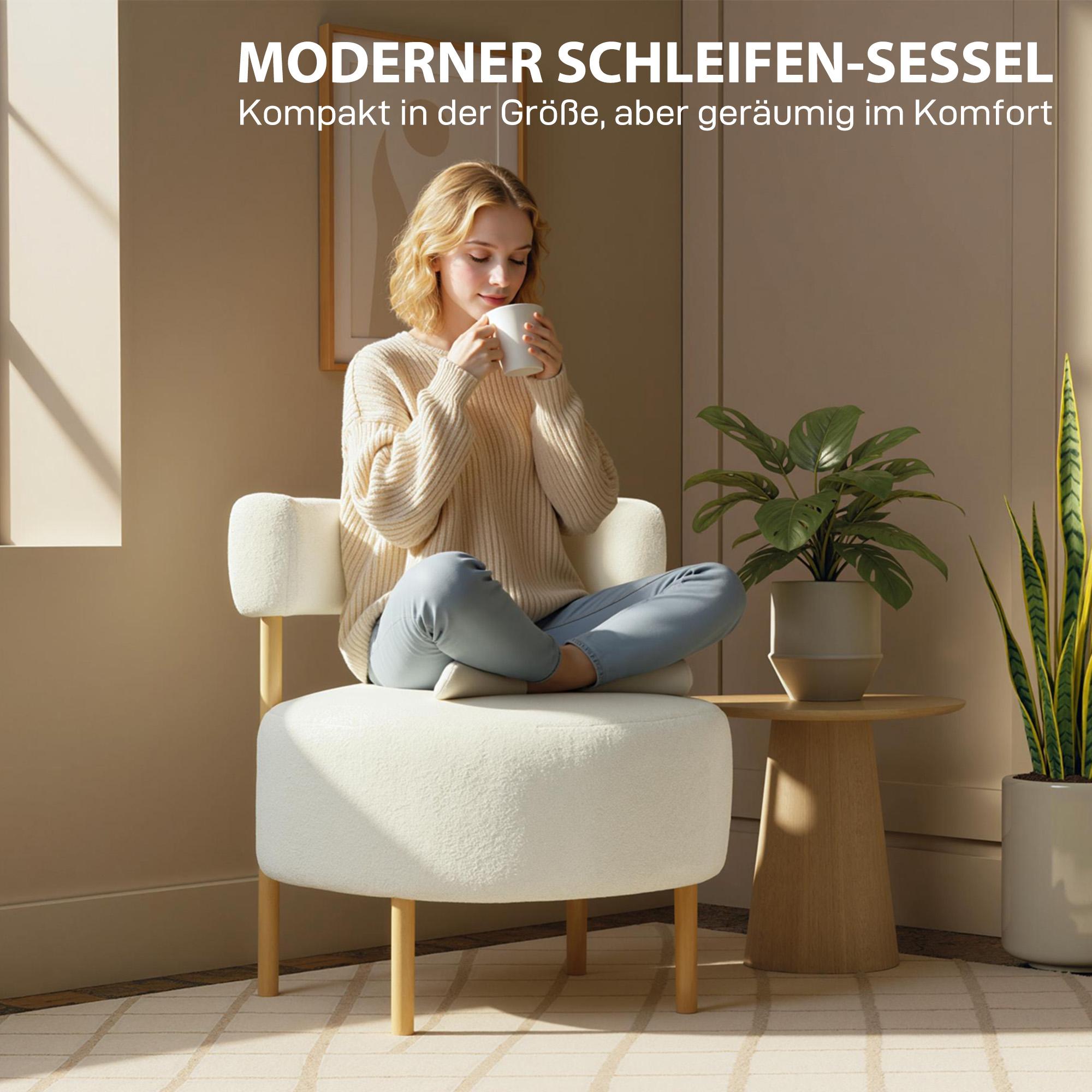 Sherpa-fleece fåtölj, metallben med träliknande utseende, krämvit