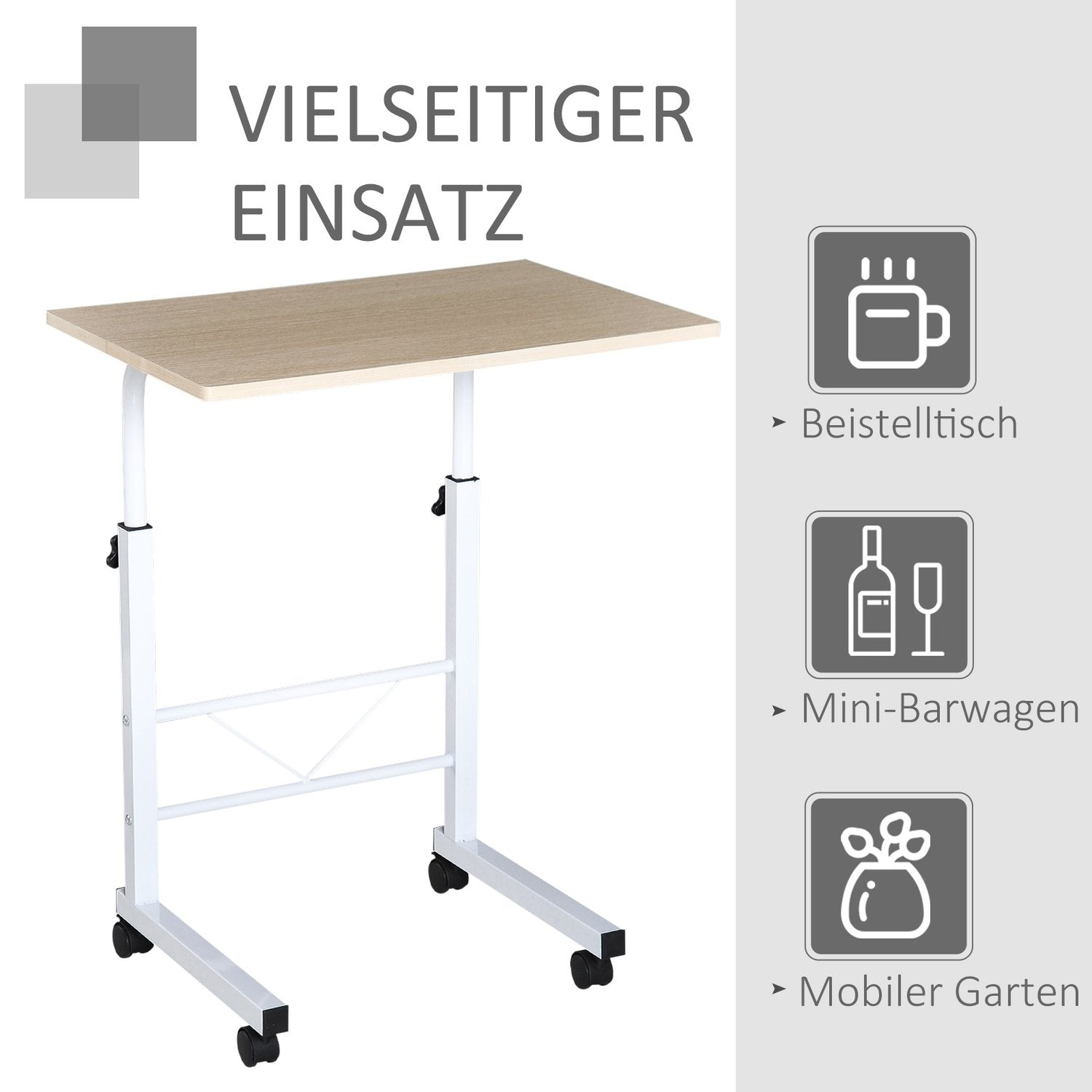 Sidobord Höjdjusterbart Soffbord Mobilt Gavel Skrivbord Hjul Bromsar C-Bord Spånskiva Stål Flerfärgad