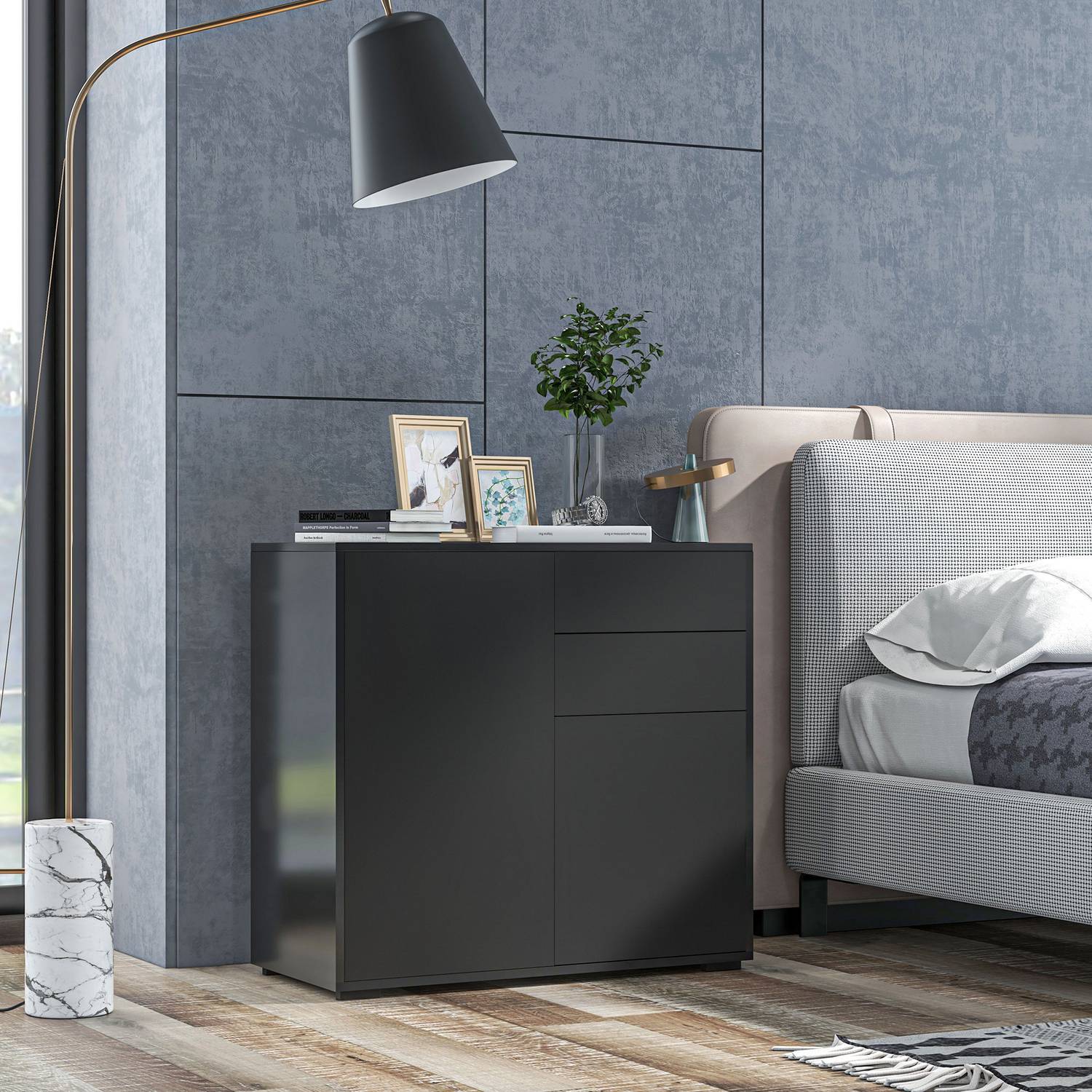 Svart förvaringsskänk med lådor & luckor, 117x36x74cm