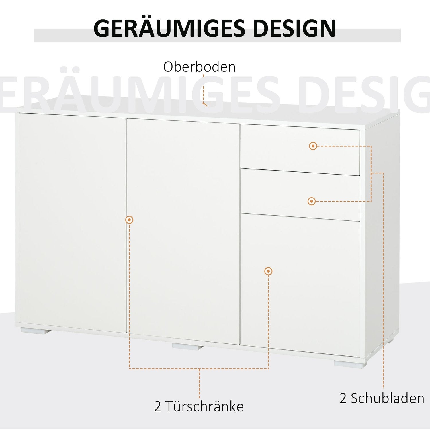 Skjenk hvit kiste med 2 skuffer og 3 dører, multifunksjonsskap, arkivskap, 117X36X74Cm