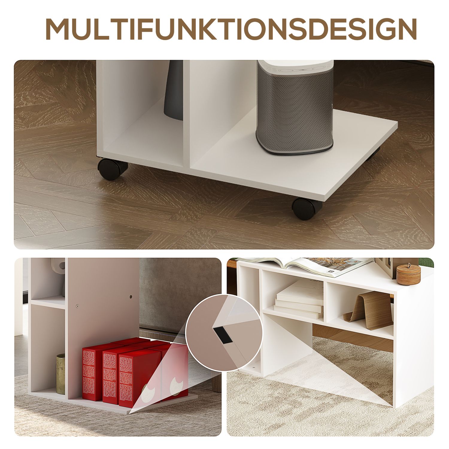 Vitt soffbord med hjul – 4-hyllad flerfunktionsskrivbord