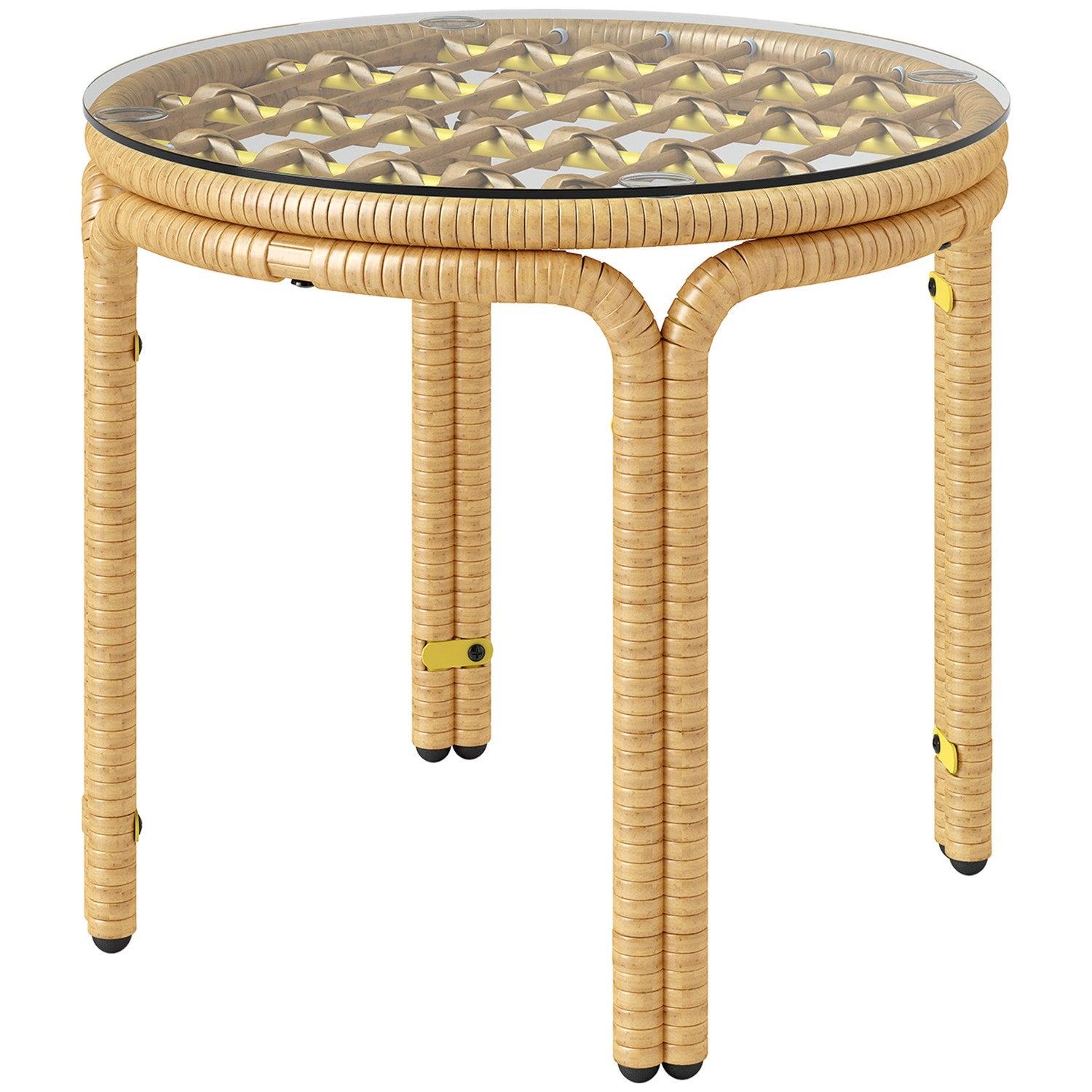 Runt sidobord i polyrattan, Glasskiva, Ø50 cm, Gul