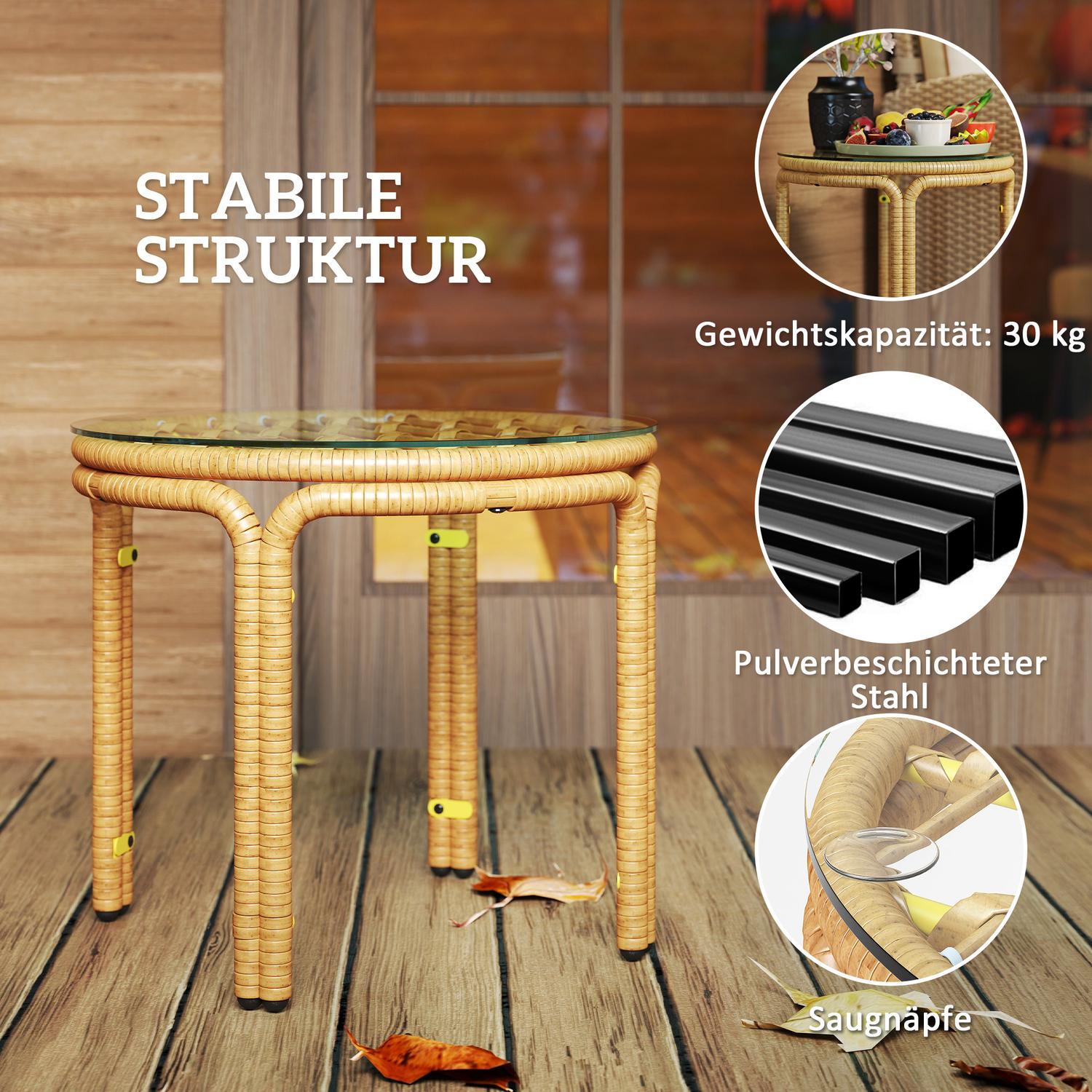Runt sidobord i polyrattan, Glasskiva, Ø50 cm, Gul