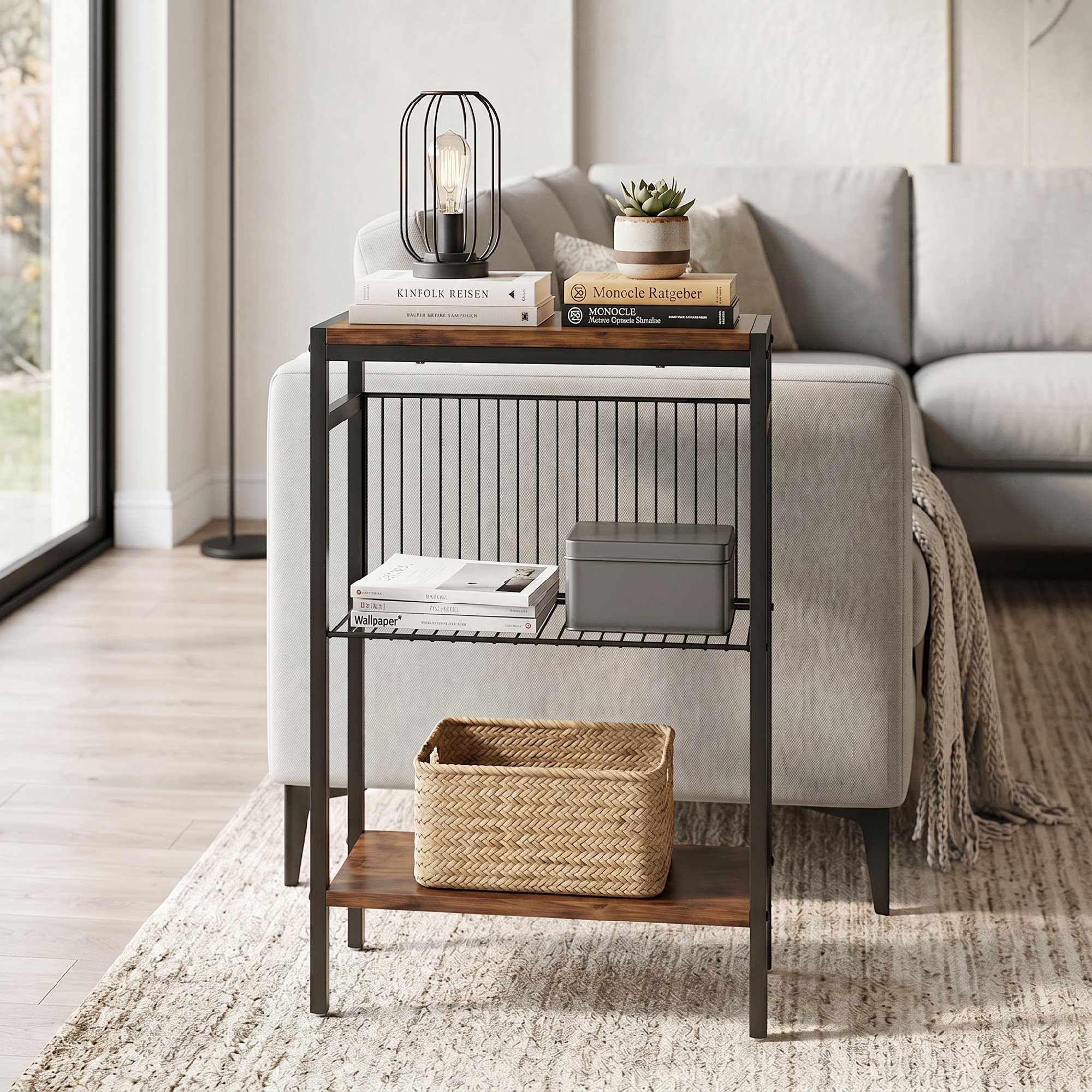 Sidobord med 3 hyllor, metallram, rustik brun