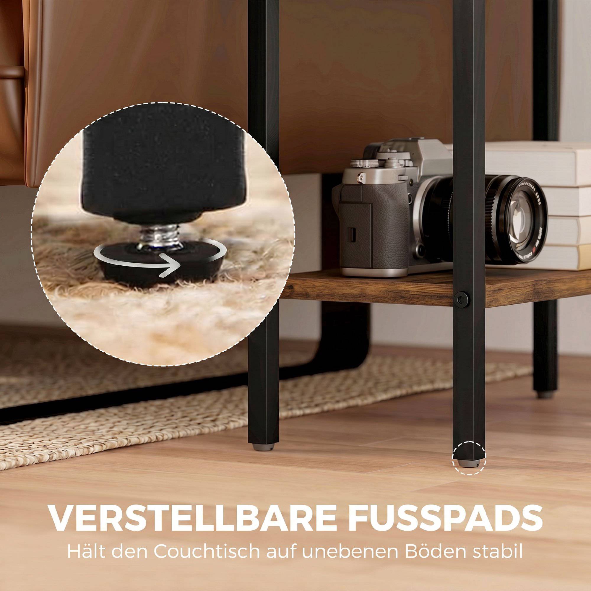 Sidobord med 3 hyllor, metallram, rustik brun