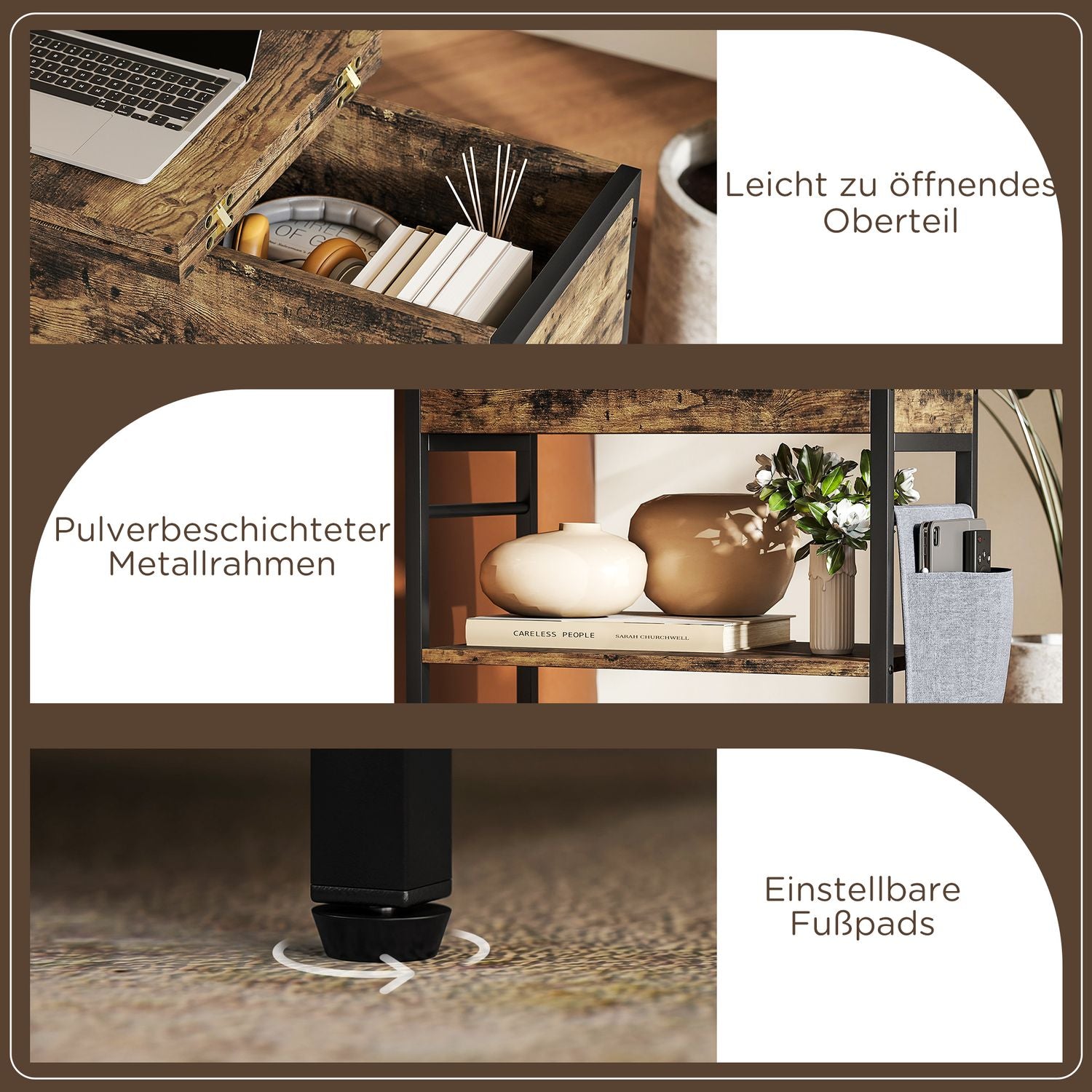 Sidobord med grenuttag, USB-portar, 2-lagers lagring, rustik brun