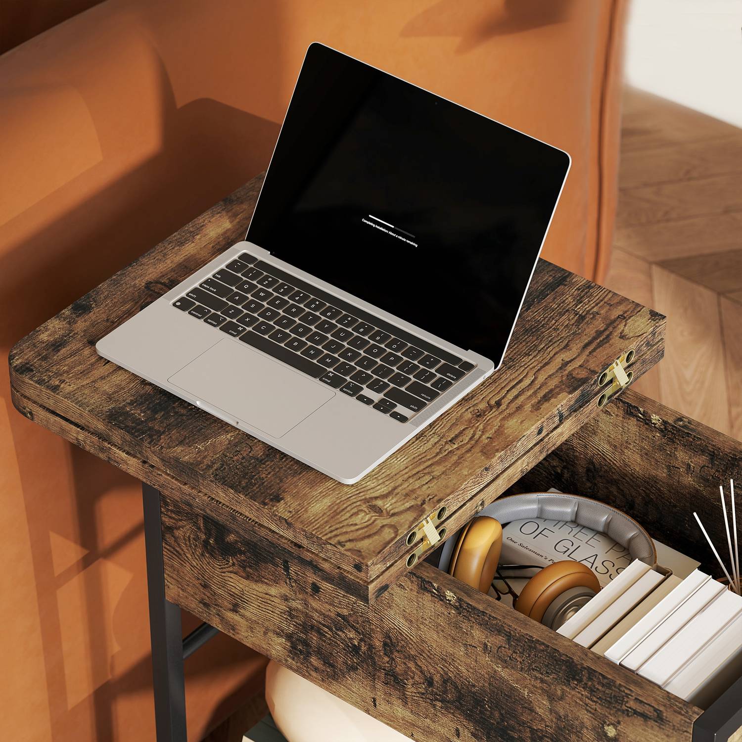 Sidobord med grenuttag, USB-portar, 2-lagers lagring, rustik brun