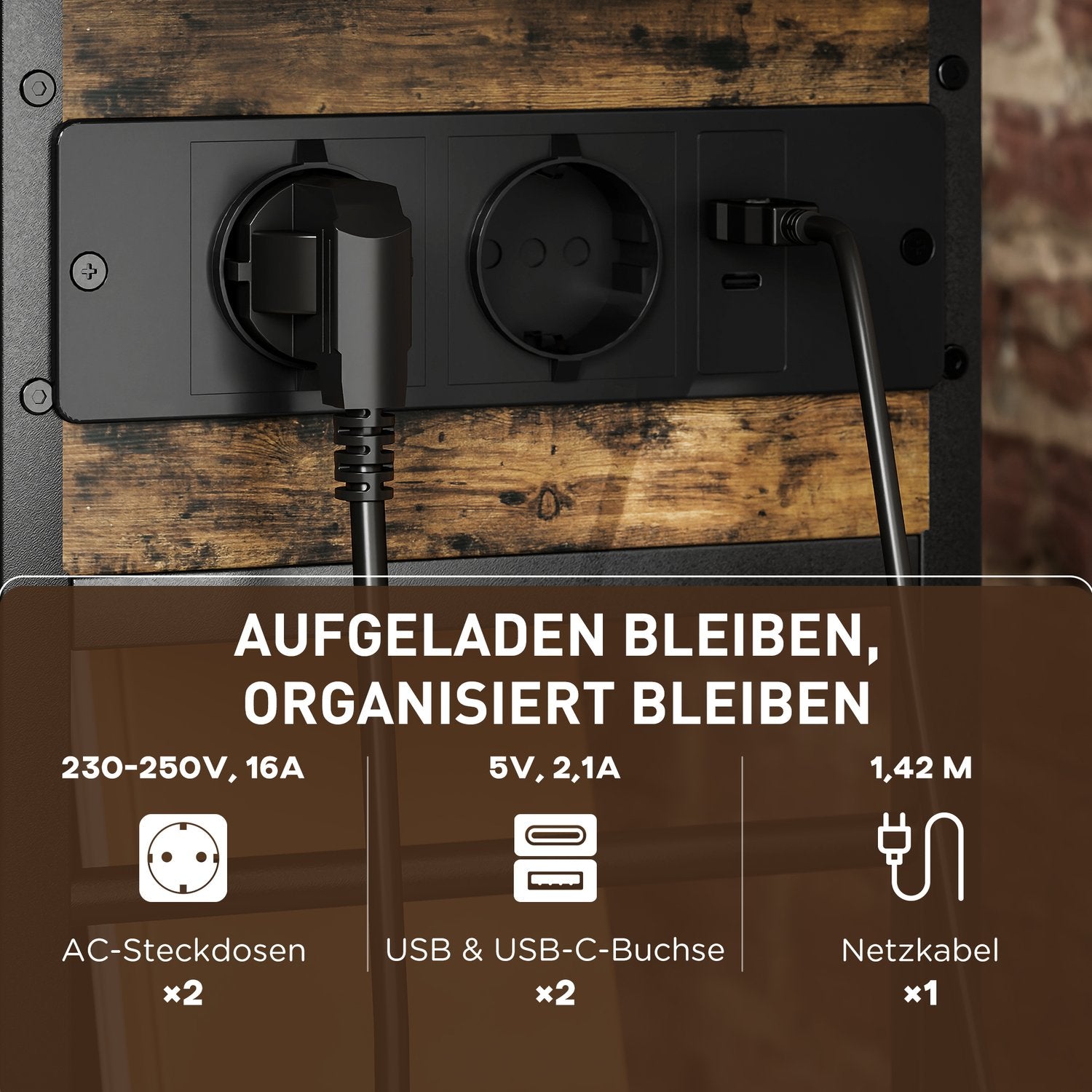 Sidobord med grenuttag, USB-portar, 2-lagers lagring, rustik brun