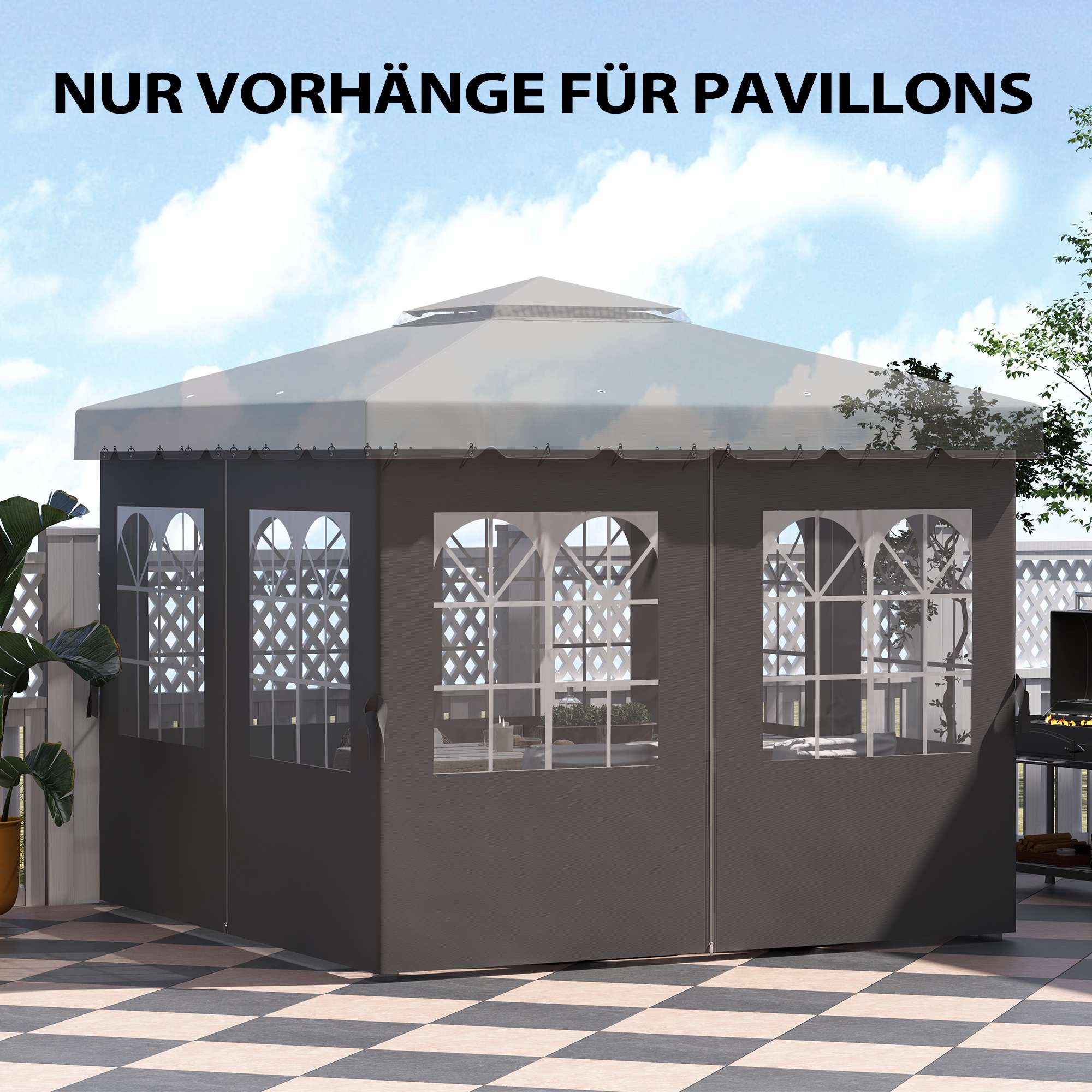 Sidopaneler till paviljong, 4 paneler med dragkedjor, 3x3m, mörkgrå