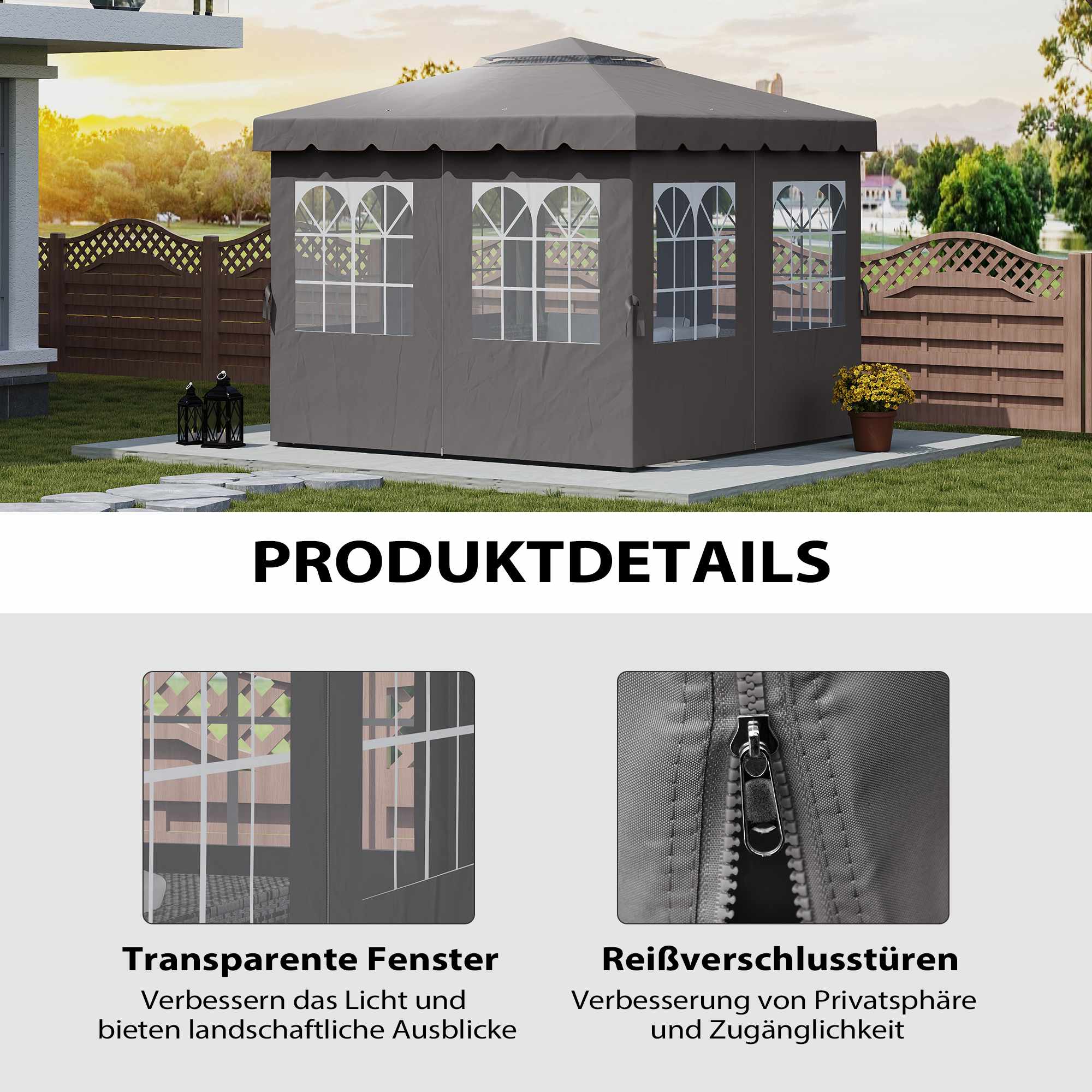 Sidopaneler till paviljong, 4 paneler med dragkedjor, 3x3m, mörkgrå
